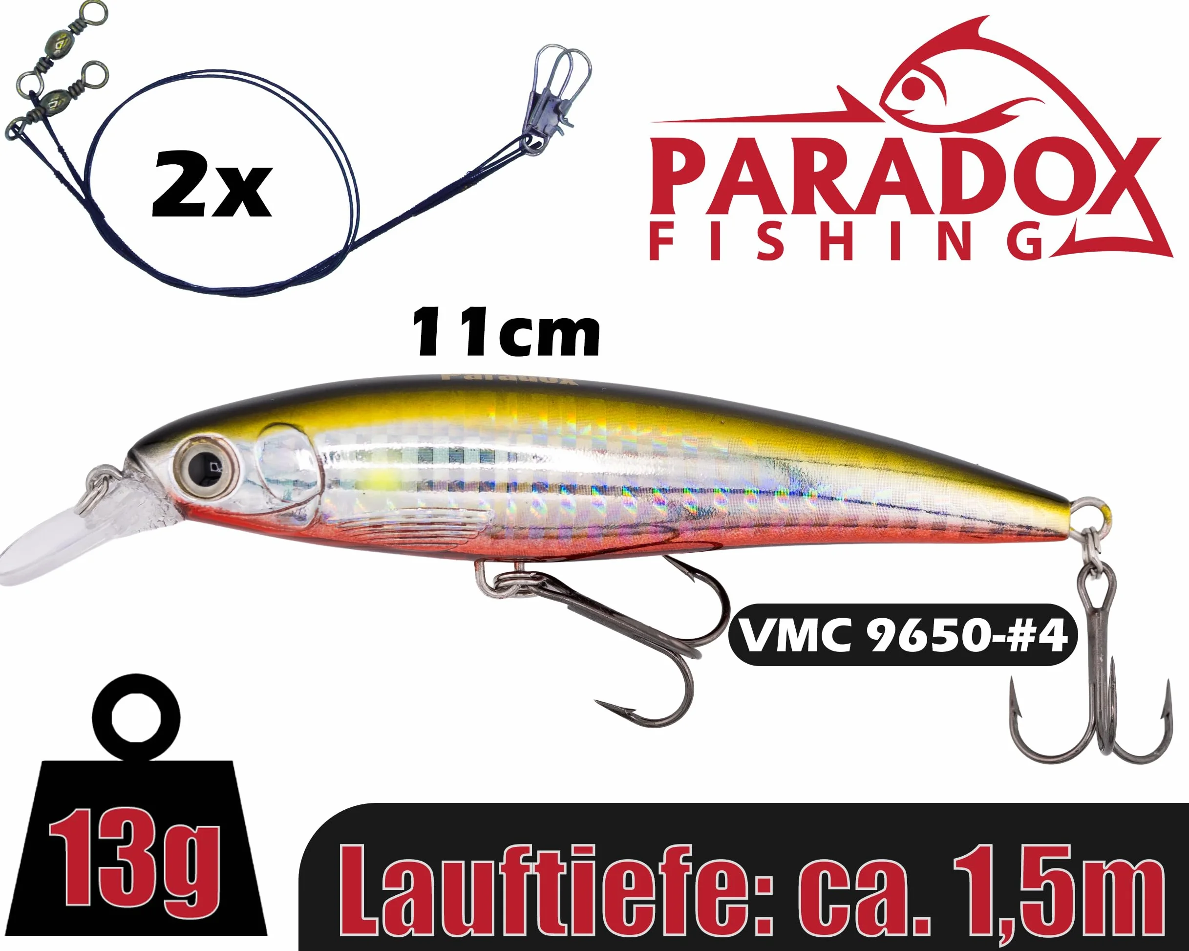 Paradox Fishing Juego de 4 señuelos de pesca de lucioperca, 13 g, 11 cm, con caja, cebo para lucioperca, perca