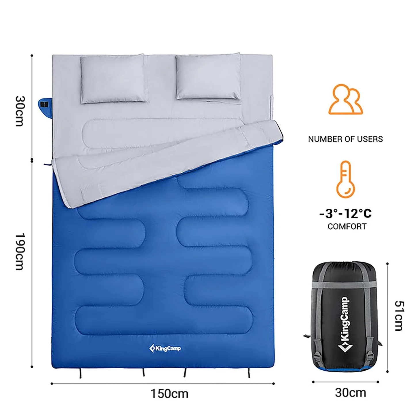 Saco de dormir doble para acampar al aire libre con almohada, portátil, diseño dividido, ampliado y grueso, relleno de algodón de plumón, apto para adultos, ligero para senderismo y viajes