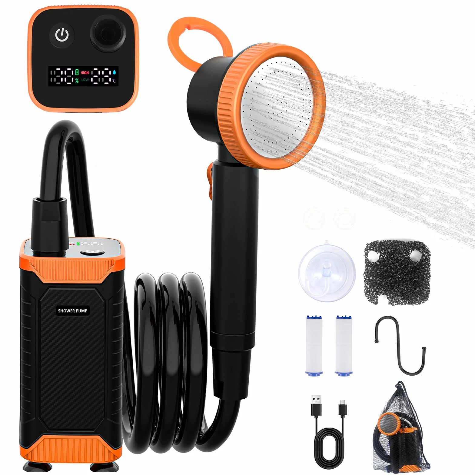 Ducha Portátil de Camping, Bomba Recargable 8000 mAh con Doble Velocidad, IPX8, Pantalla Digital Inteligente - Kit para Exteriores Ideal para Viajes, Lavado de Coches y Baño de Mascotas