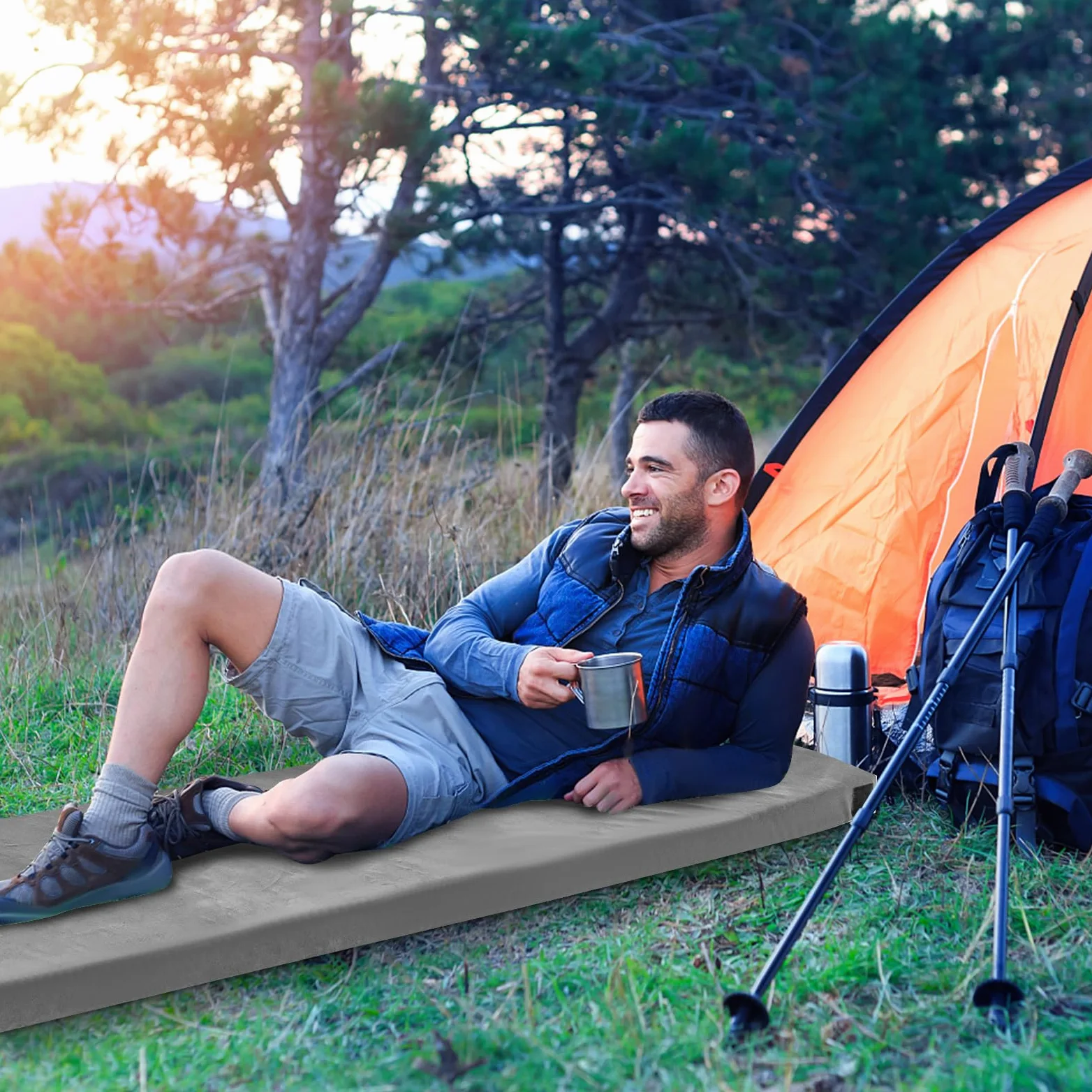 GYMAX Colchón de Espuma Viscoelástica con Bolsa de Transporte, Colchón de Aire, Colchón de Suelo Enrollable, para Camping, 183 x 62,5 x 6,5 cm
