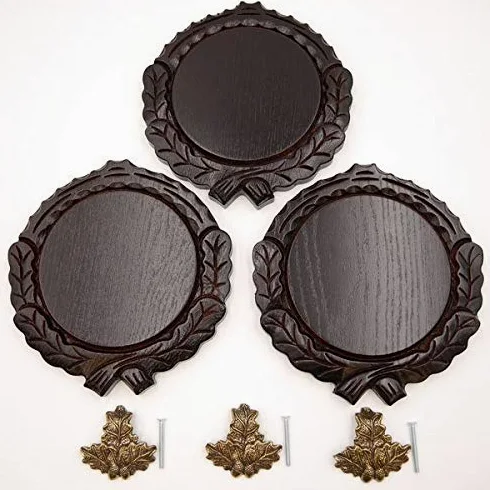 GTK - Juego de 3 placas de cuña talladas oscuras AF 14 cm con 3 hojas de roble, portada pequeña, tabla cuña, tabla para especias, cartel para trofeos