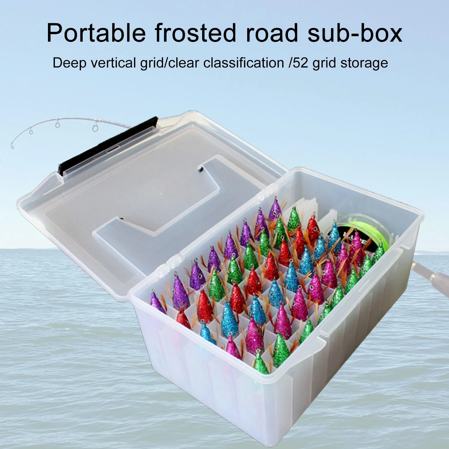 Caja de pesca al aire libre con 52 rejillas de plástico, caja de aparejos de pesca, calamar, señuelos duros, caja de herramientas, caja de almacenamiento de cebos artificiales