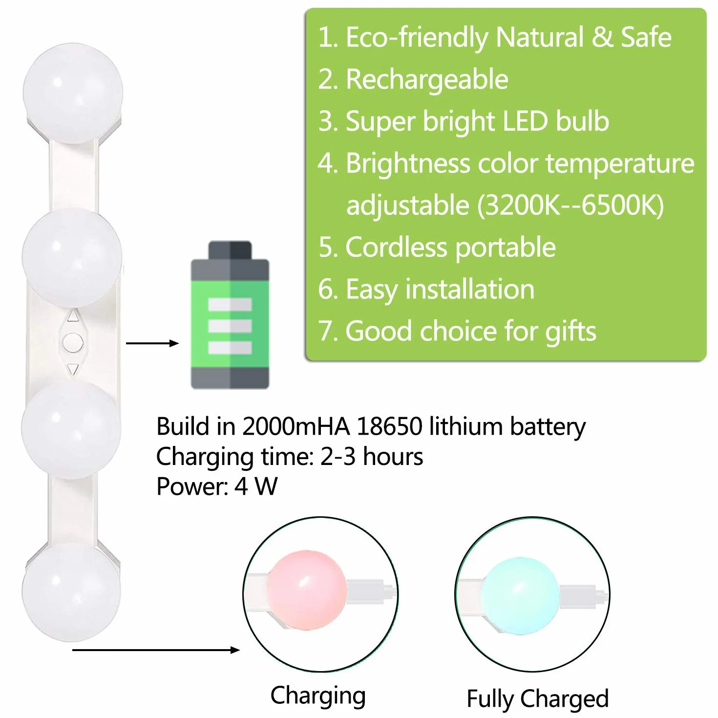 Luces para Espejo de Maquillaje LED Tocador Recargable, 4 Bombillas Regulables Temperatura de Color