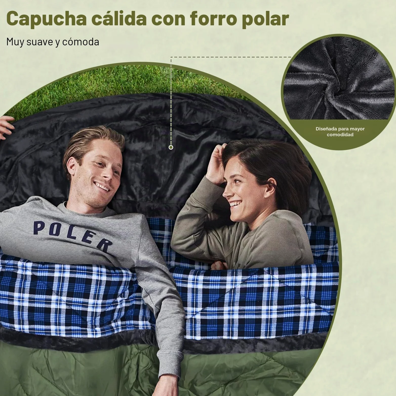 Saco de Dormir Doble de Franela de algodón con Capucha con Forro Polar, Impermeable, tamaño Queen, para 2 Personas, para Adultos, Clima frío, Camping, mochilero o Senderismo, 3-4 Estaciones