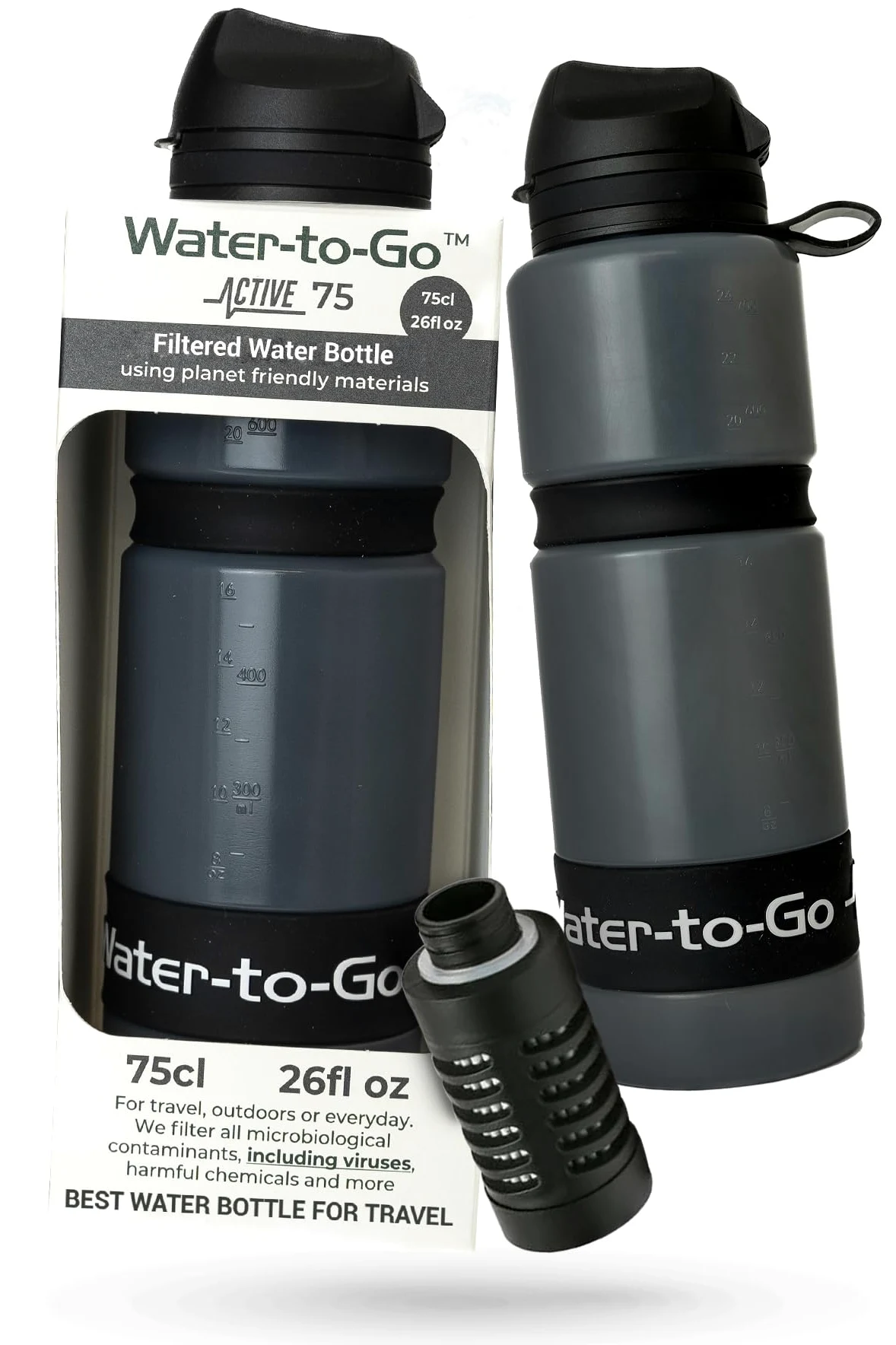 Botella de agua de viaje con filtro, purificador portátil de 25 onzas para viajes internacionales, filtra virus y bacterias, sin BPA