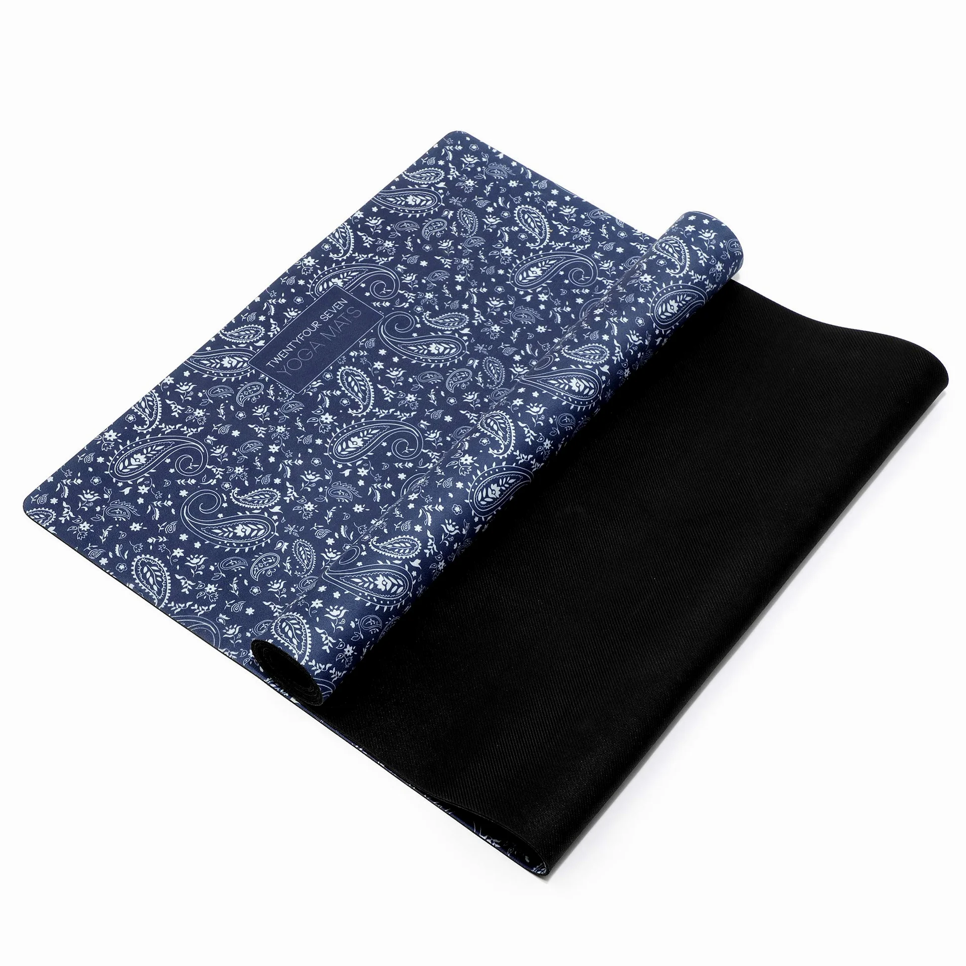 247YOGAMATS Esterilla de Yoga caucho y microfibra BLUE PAISLEY / 183 x 68 cm, 4 mm/Antideslizante/Apta lavadora/Yoga principiantes y avanzado/Cinta de transporte incluida