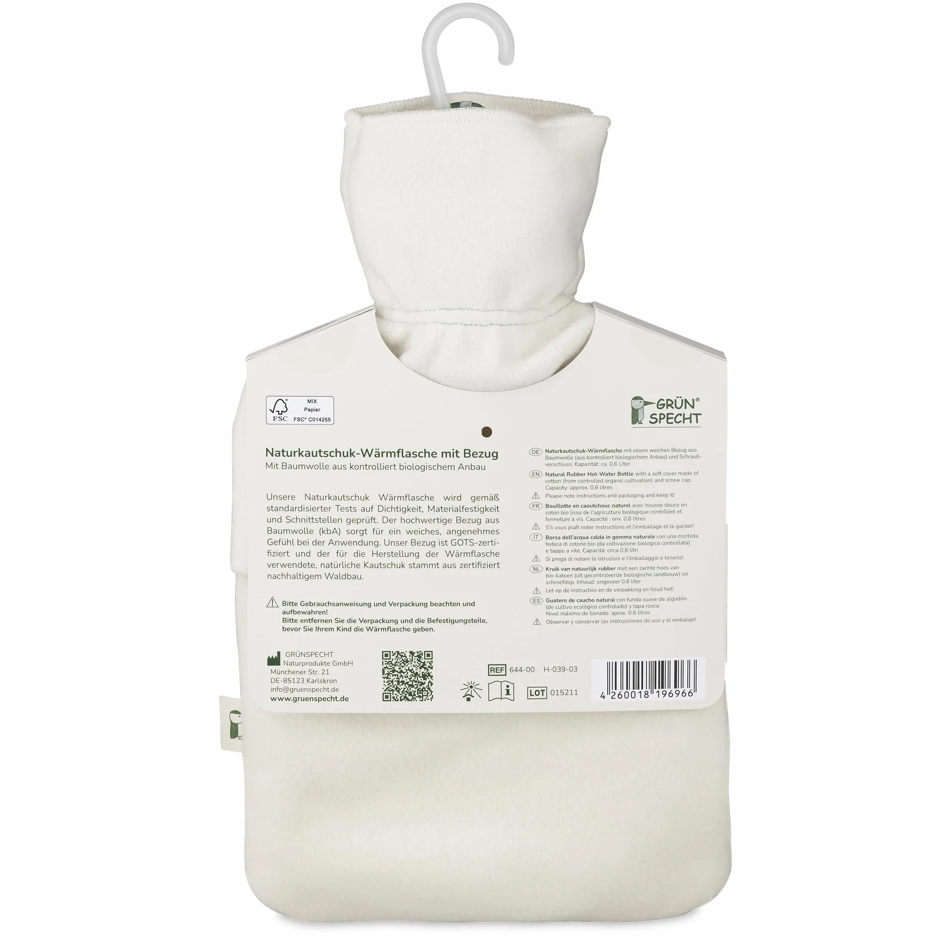 GRÜNSPECHT Botella de agua caliente de caucho natural con funda ecológica blanca 100% algodón GOTS pequeña