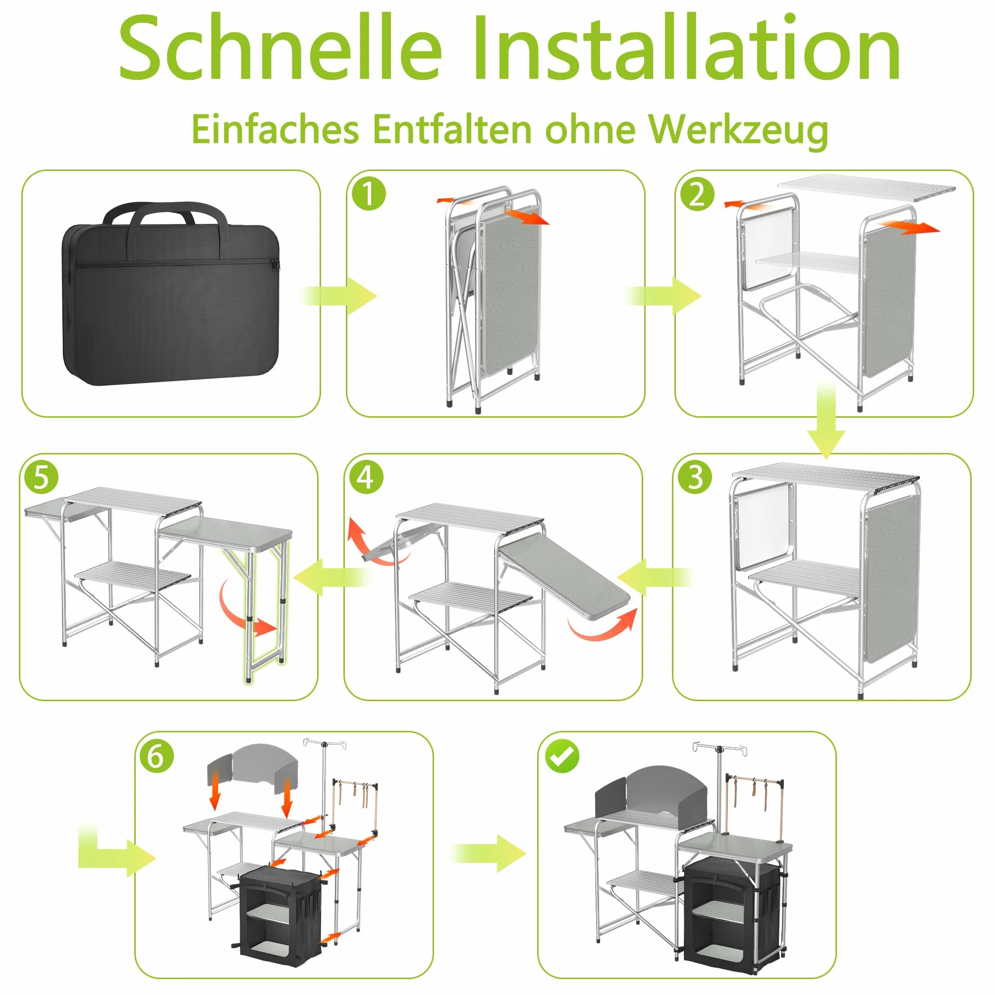 Froadp Cocina de camping plegable con armario de camping, protector de viento y soporte de lámpara ajustable, muebles de camping y cocina de viaje portátil, incluye bolsa de transporte para camping,