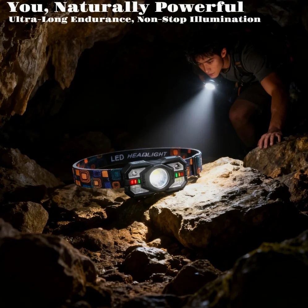 Linterna frontal recargable con sensor de movimiento, 5 modos de luz, carga rápida USB-C - Diadema ajustable para senderismo al aire libre, pesca nocturna, camping, iluminación manos libres