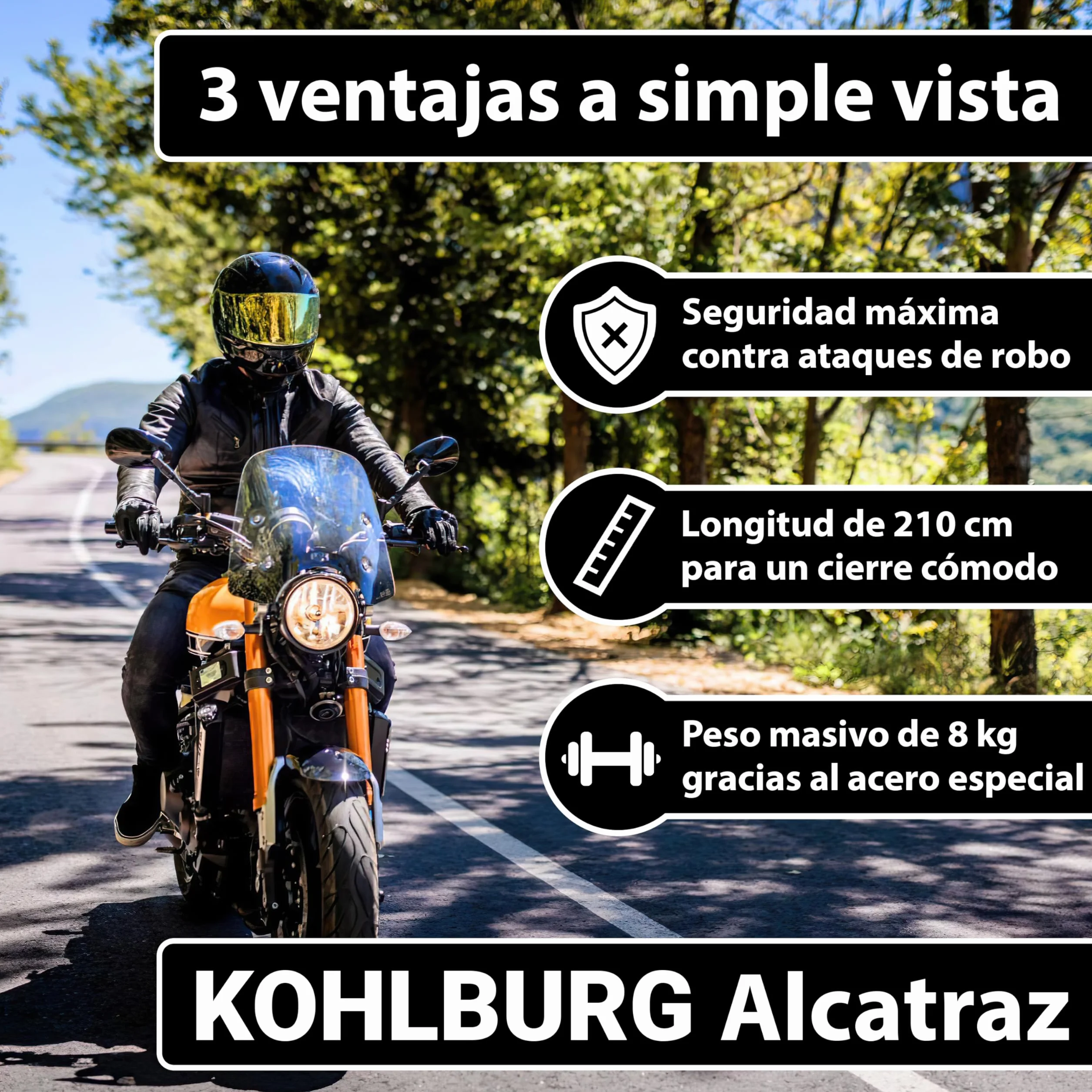 KOHLBURG antirrobo de cadena macizo para moto 8kg, 210 cm de longitud con nuestro nivel de seguridad más alto 15+ de 15, cadena de acero de 13 mm super robusta como candado para moto, scooter y e-bike