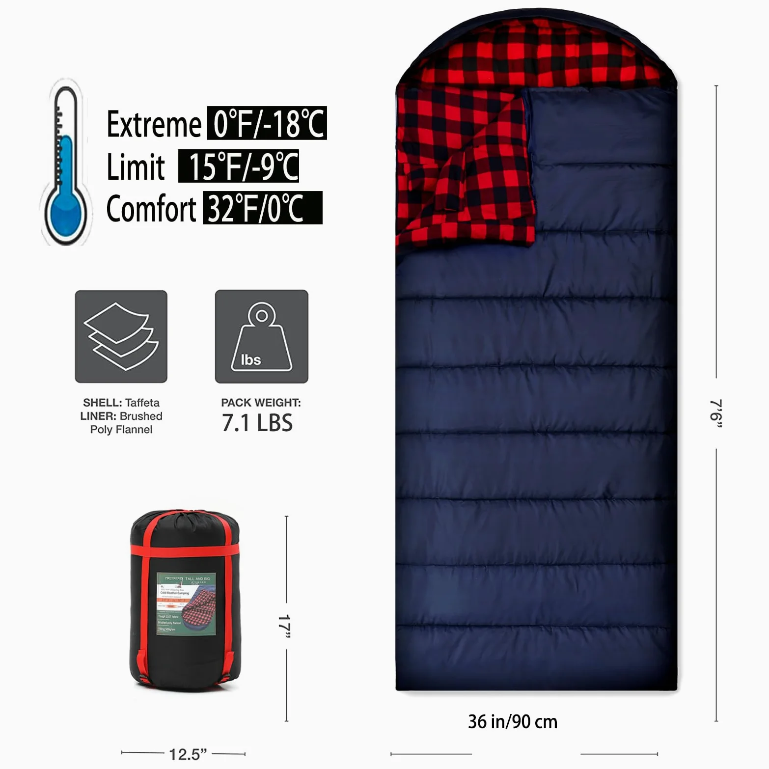 Saco de Dormir de Franela de algodón de 0 Grados para Adultos, Clima frío, Camping, Invierno, Cero Grados, Clima cálido, Grande y Alto