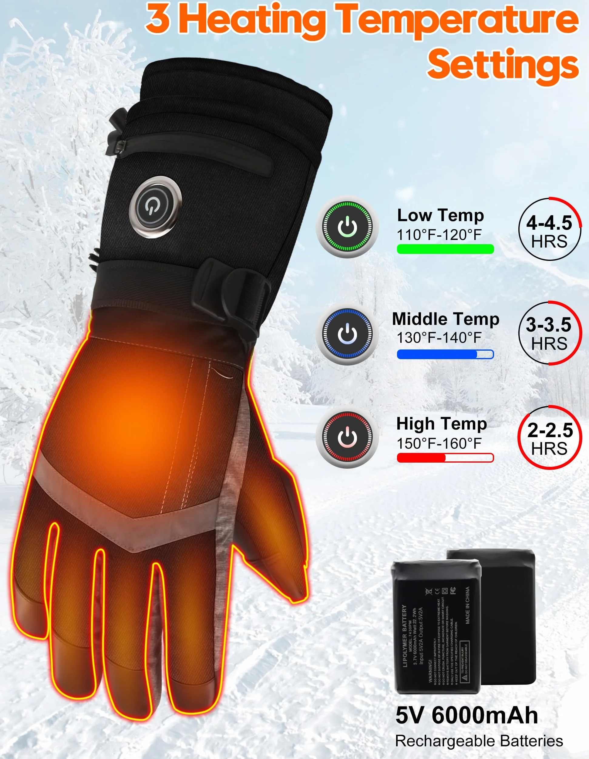 SVPRO Guantes calefactados recargables 5V 6000mAh impermeables resistentes al viento para esquí caza motociclismo