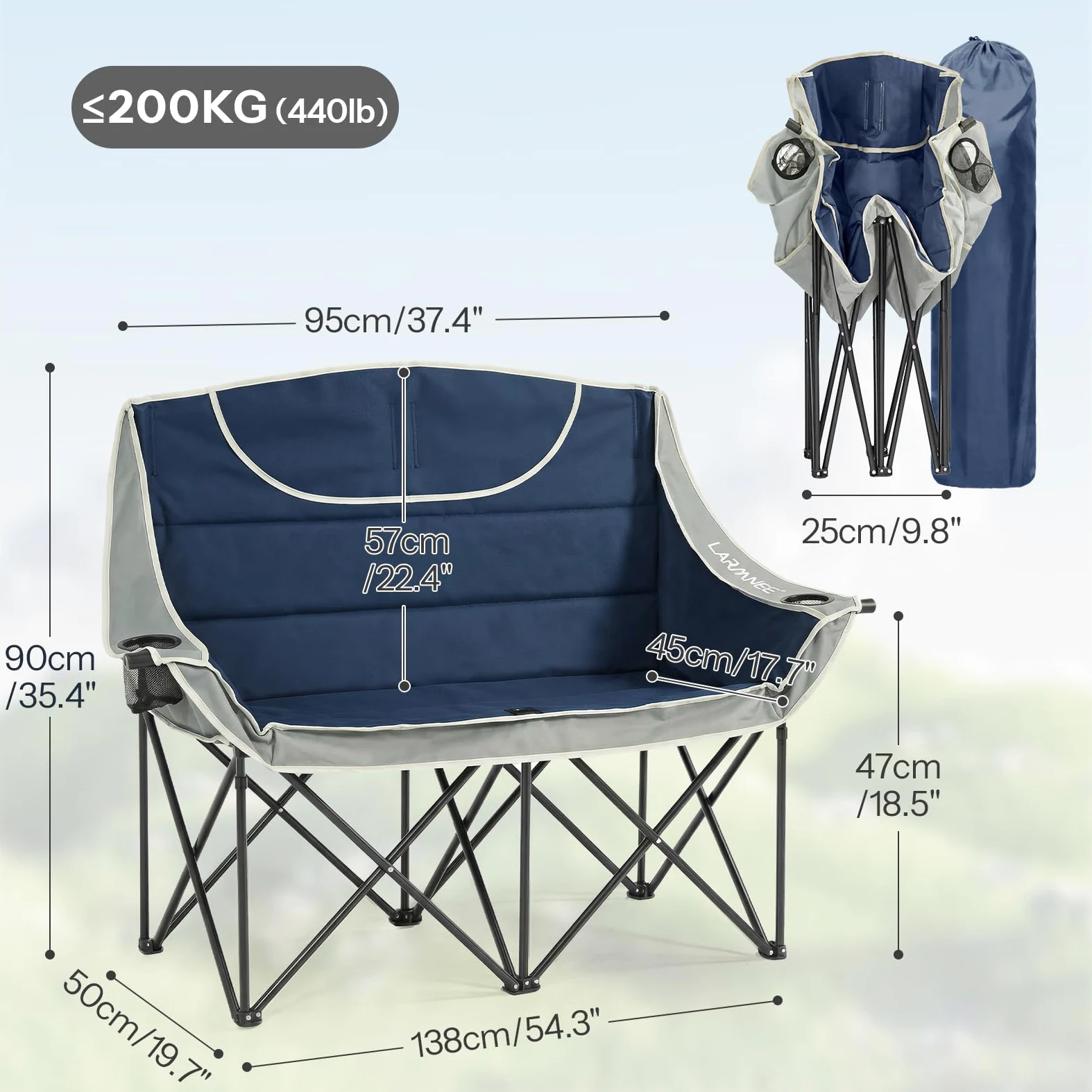 LARMNEE Sofá de Camping Plegable con 2 Portavasos, Sofá Doble de Camping, Ancho 50 cm, Silla Plegable con Carga de 200 kg, para 2 Personas, con Bolsa de Transporte, Pesca, Azul y Gris EBU03LC02