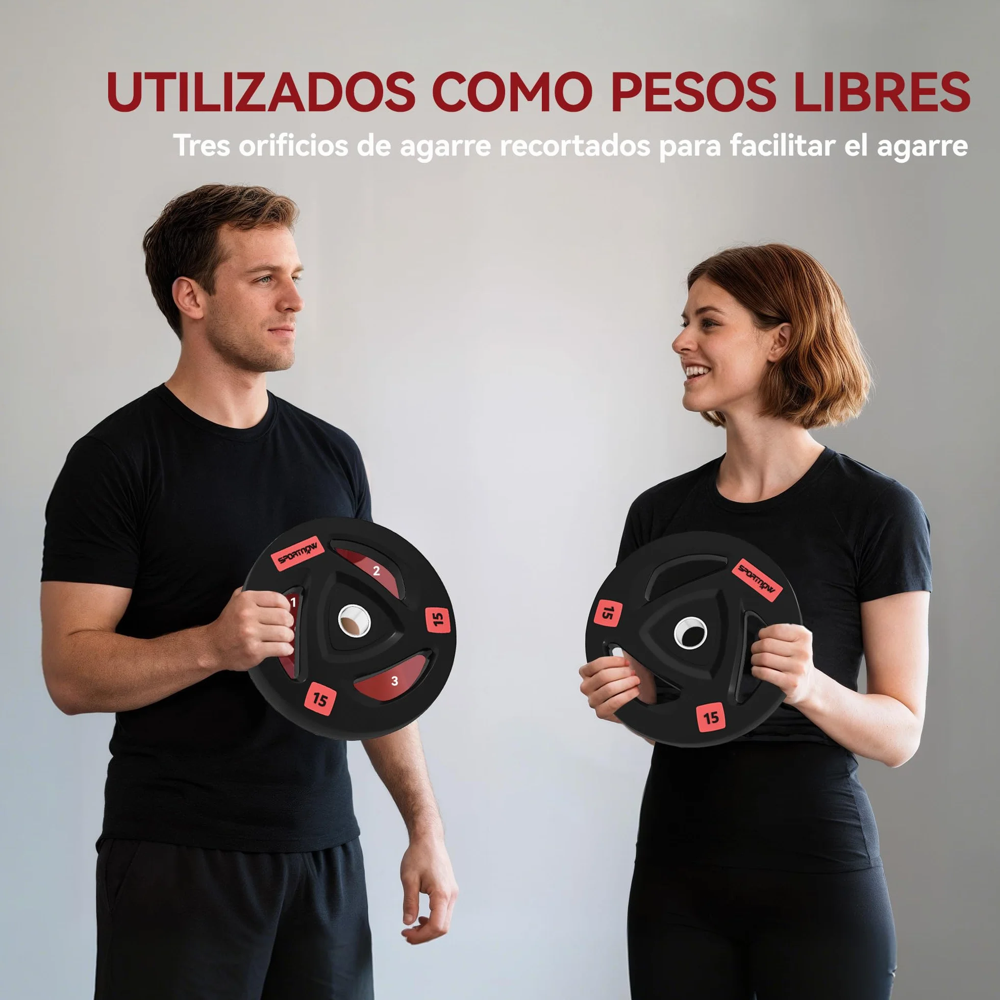 SPORTNOW Discos Pesas Olímpicos 5kg a 15kg, Agujero Ø50 mm, de Hierro Fundido, Recubierta de Goma, 2 Placas de Pesas con Triple Agarre, para Mancuernas y Barras, Entrenamiento en Casa, Gimnasio, Negro