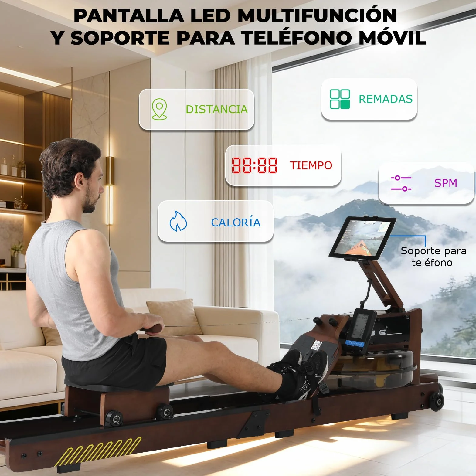 ISE Máquina de Remo de Agua de Madera de Roble, Remeros de Casa con Bomba de Agua Manual, Pantalla LED Ángulo Ajustable, App, Soporte para Tableta