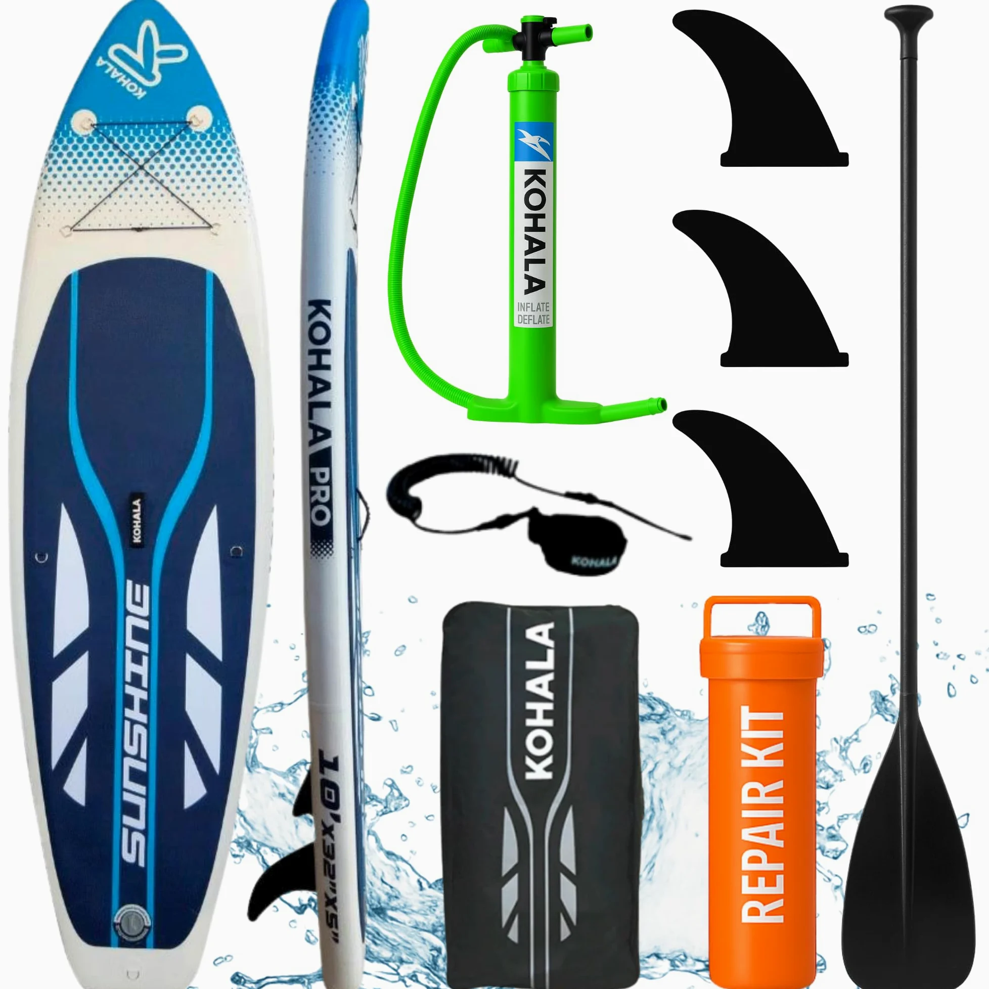KOHALA Tabla Paddle Surf Hinchable Sunshine 10’ (305 x 81 x 12) cm | Pack Pro Completo con Remo, Bomba, Mochila, Leash y Aletas | Paddle Surf Fusion Ligera y Resistente