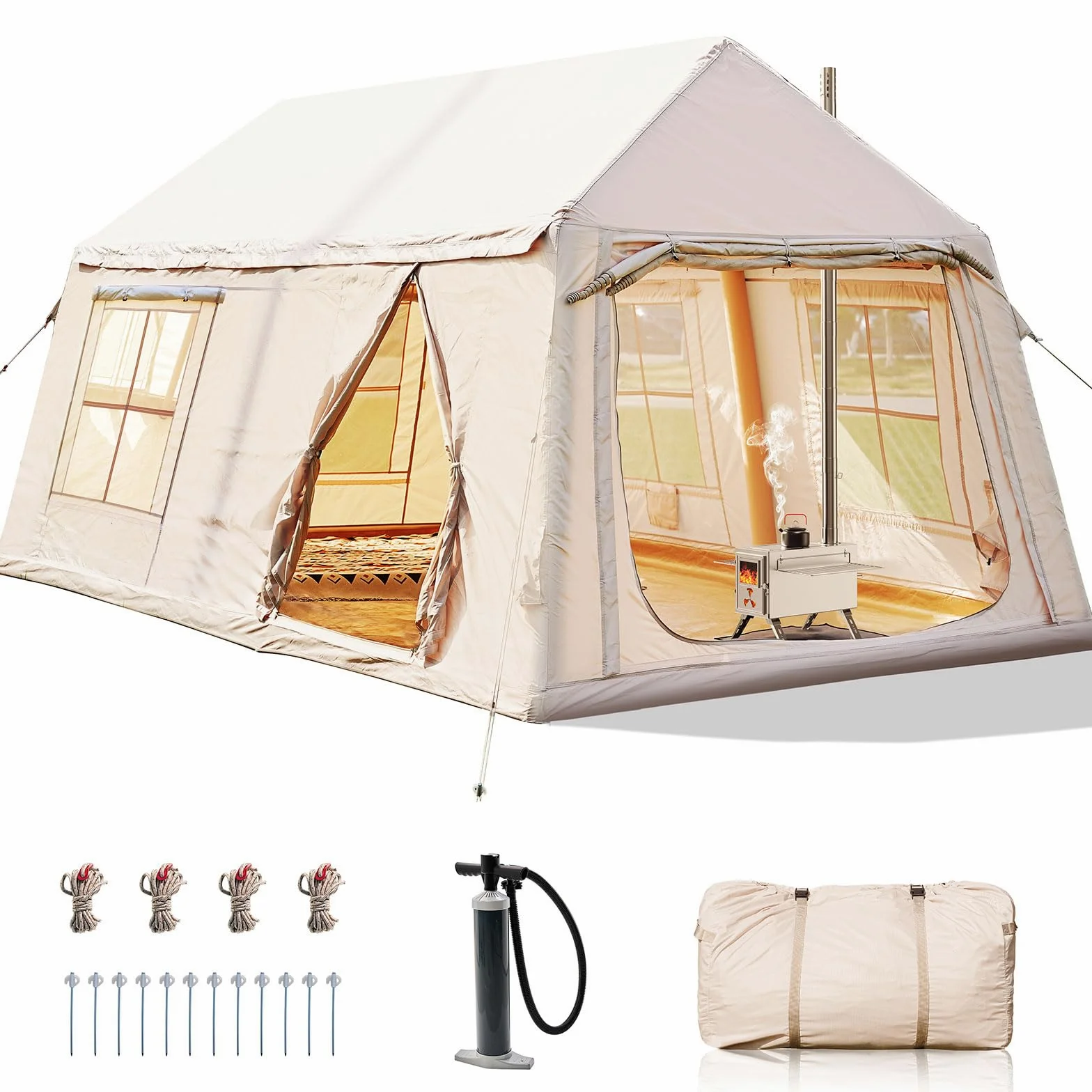 Ytaoeo Tienda inflable para acampar al aire libre | Con chimenea y apertura de puerto de CA, tienda de campaña inflable hecha de tela Oxford impermeable