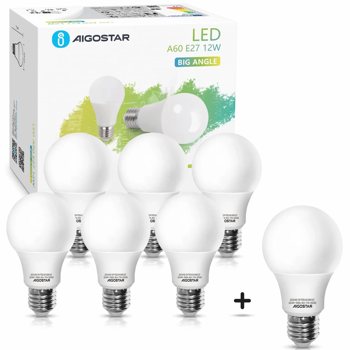 Aigostar Bombilla LED E27 12W 6500K 1170 lúmenes A60 Ángulo 280º Caja de 7 unidades