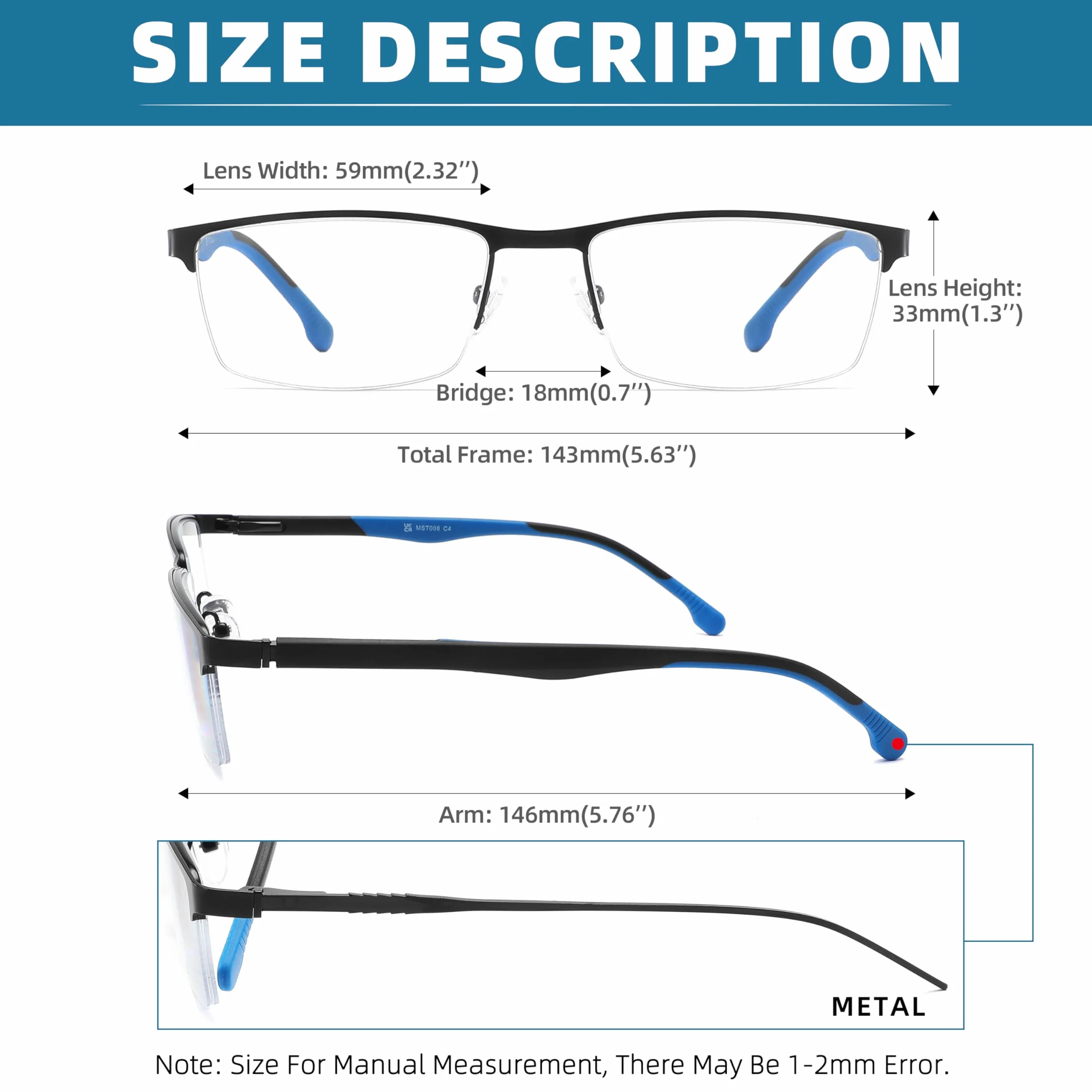 MODFANS Gafas de Lectura Anti Luz Azul, Metal Acero Inoxidable, Lente Clara, Ligeras, Colores Mezclados, Pack de 3