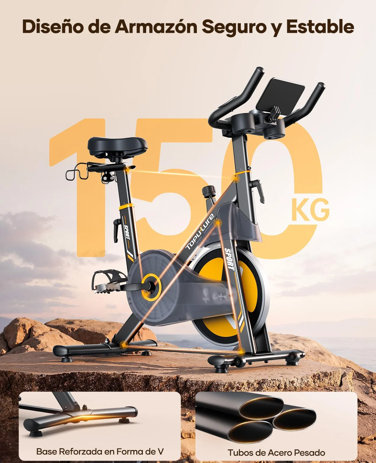 2026 Nueva Toputure Bicicleta Estática Electromagnética, Spinning Profesional con 32 Niveles de Resistencia Precisa vía APP, Bici Estática con Pantalla LCD Táctil, Soporte para Mancuernas, Máx 150KG
