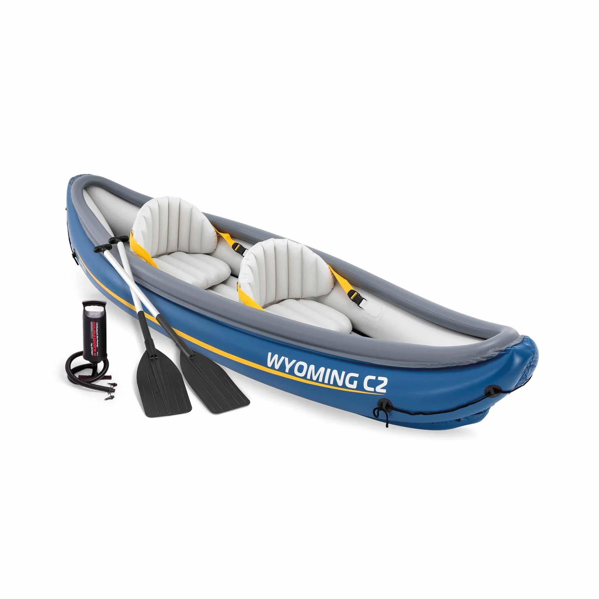 Intex Canoa Hinchable 2 plazas 89x307x53cm, Peso máx 180Kg, Asiento Hinchable Regulable con Respaldo, Bomba de hinchado, 2 remos, Cuerda de sujeción, quilla extraíble y Bolsa de Transporte (68389)