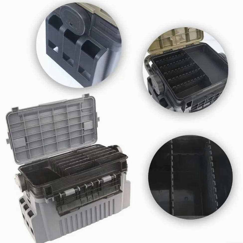 Caja de aparejos de pesca de gran capacidad con separadores extraíbles, caja de almacenamiento de señuelos de polietileno con correa para el hombro y asiento, organizador portátil multicapa para pesca