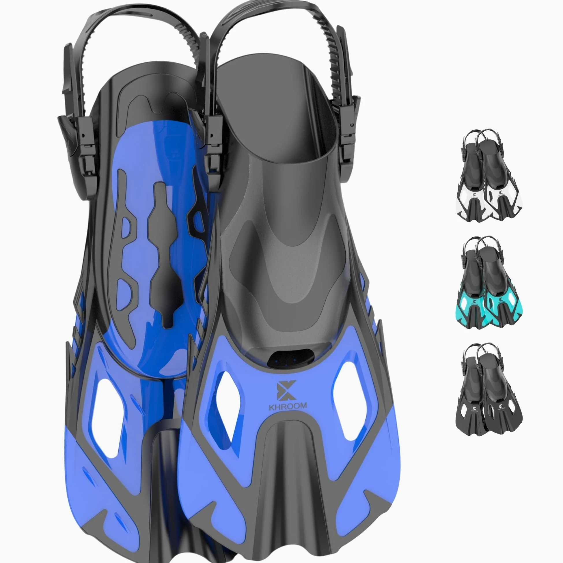 Khroom Aletas Cortas Adultos / niños Talla 32-47 | Aletas de Snorkel Ajustables | Aletas de Natación Cortas para Snorkel / Buceo Azul (37-41)