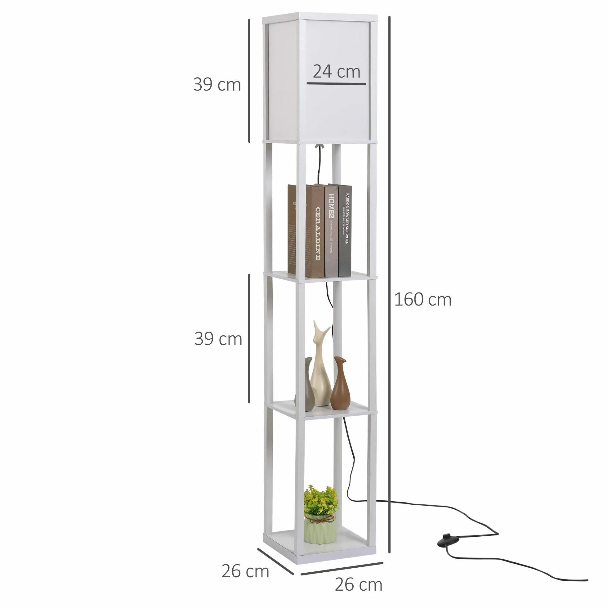 HOMCOM Lámpara de Pie con Estantes de Almacenaje, Madera Moderna, Bombilla E27, Blanco