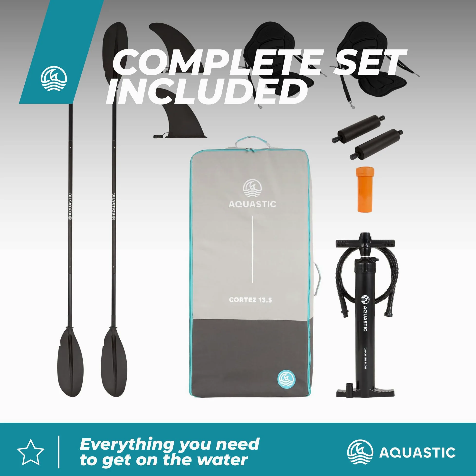 AQUASTIC Cortez - Kayak Hinchable para Dos Personas, 3 cámaras, Capacidad de Carga de hasta 180 kg, Juego de Mochilas, paletas, Asientos, Bomba, Aletas, Estable