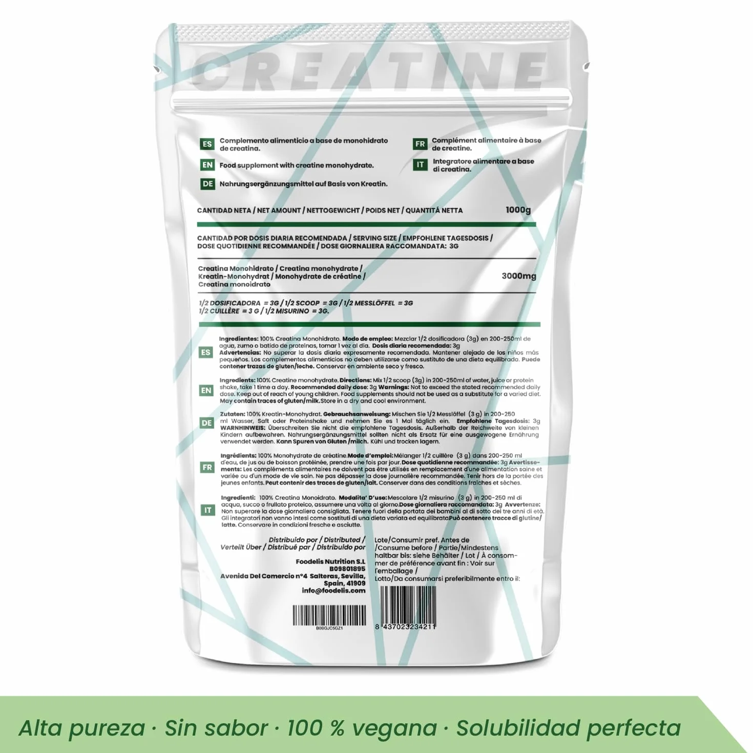 Foodelis Creatina Monohidratada en Polvo 1 kg 333 Dosis - Creatina Monohidrato Micronizada Sin Sabor