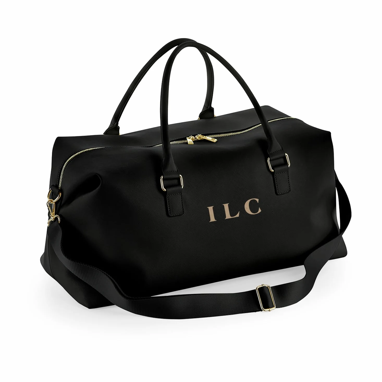 Bolsa de Viaje Mujer Personalizada Negro - Colección Woman | Bolsa Deporte Personalizada con Nombre, Cuero Vegano Saffiano, 25L | Correa Ajustable, Cremallera XL, Bolsillo Interior