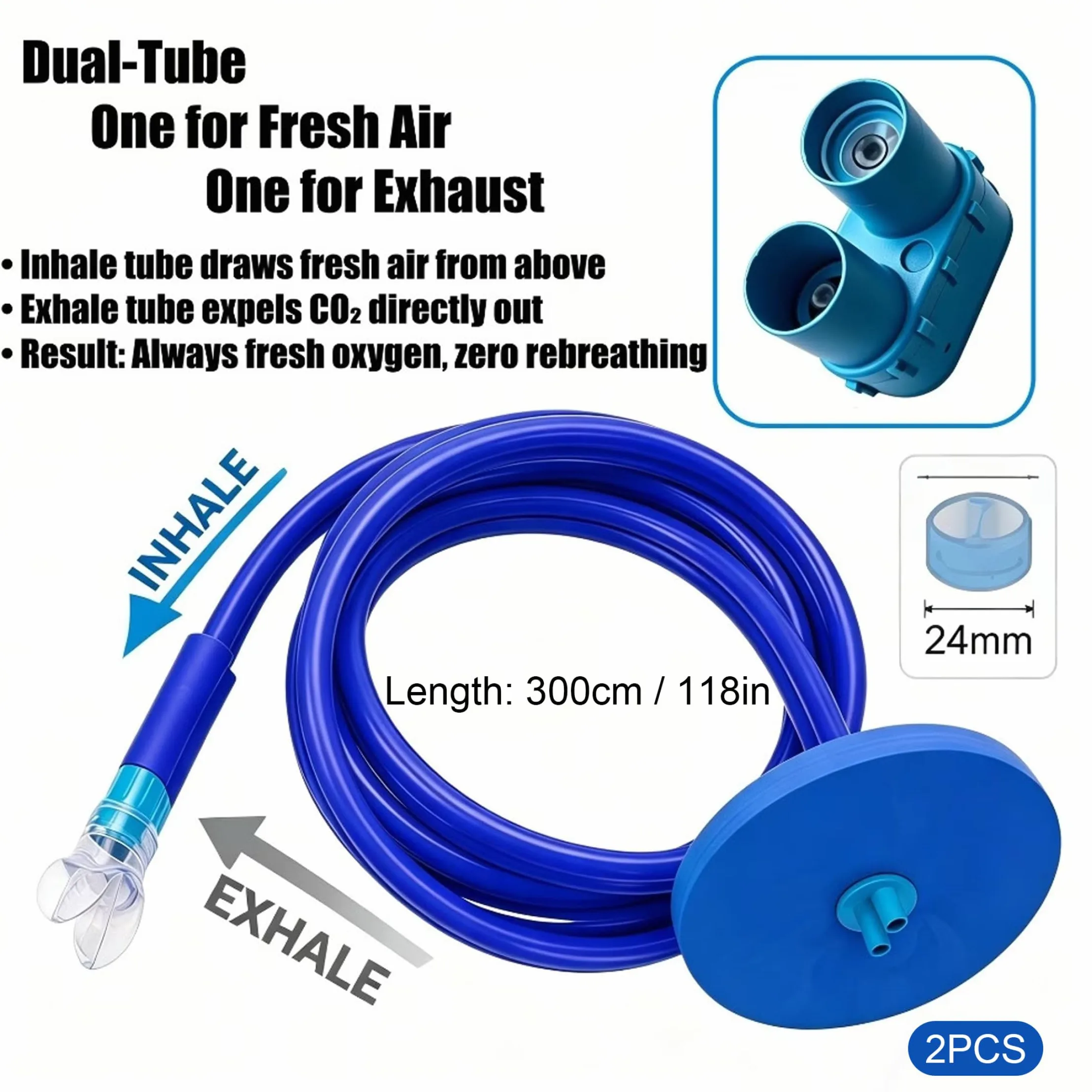Dispositivo de respiración subacuática de 2 Piezas, Tubo Largo de Snorkel con diseño de Doble Tubo seco, Azul, 9, 84 pies