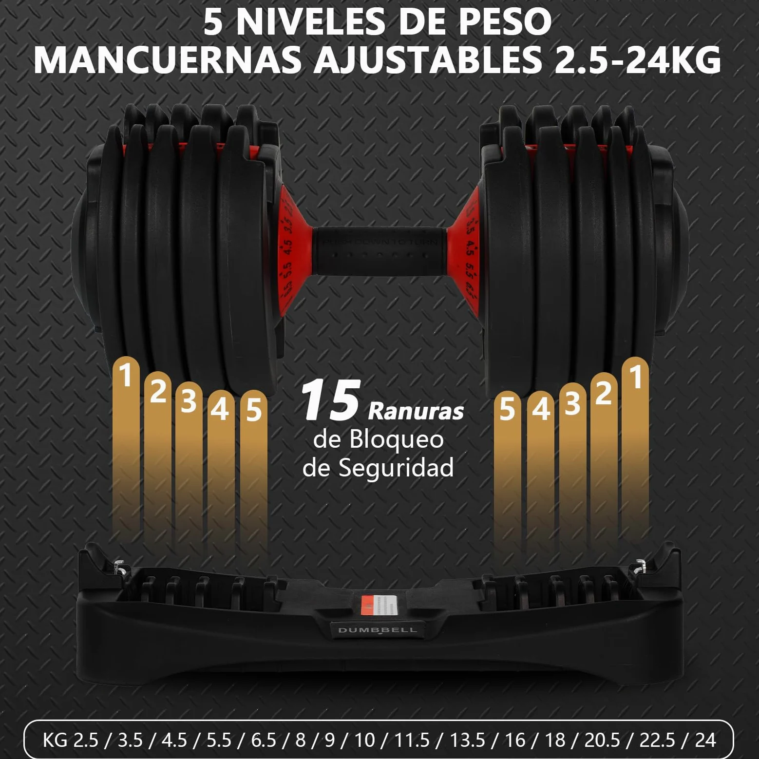 24kg Mancuerna Ajustable,Pesas y Mancuernas,Mancuernas Cortas Ajustables,15 Niveles de Peso,Ajuste Rápido Ajuste Con Una Sola Pulsación,Juego de Mancuerna con Discos de Pesas (Único 24kg)