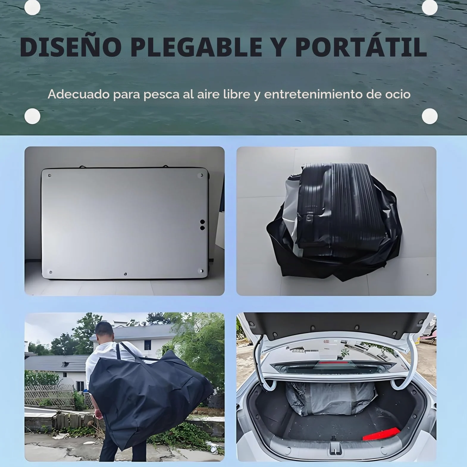 Pontón flotante inflable de alta capacidad 200 kg espesor 30 cm con hélices para pesca y actividades acuáticas al aire libre