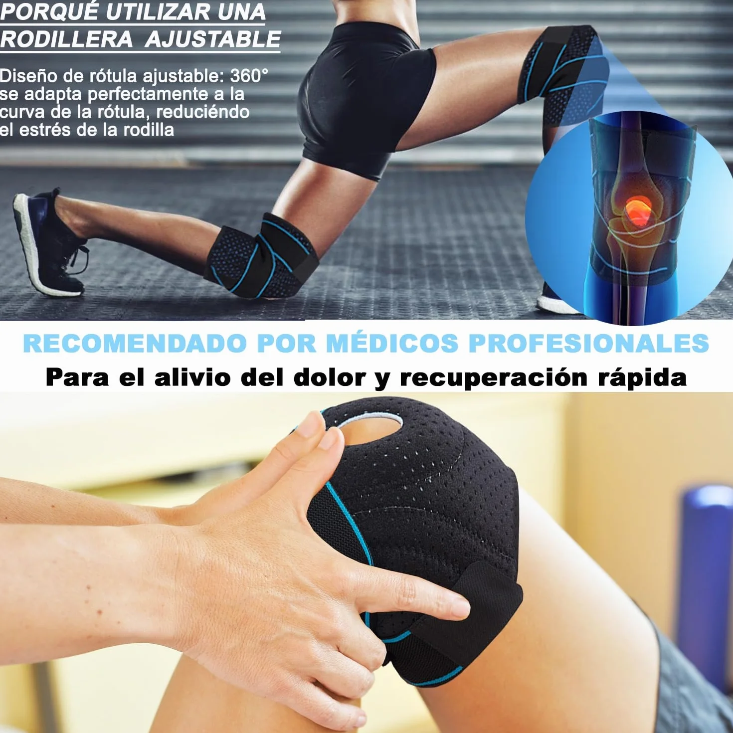 Rodilleras Deportivas Ajustables LOW&EE® Menisco y Ligamento Neopreno con Silicona Negro Azul