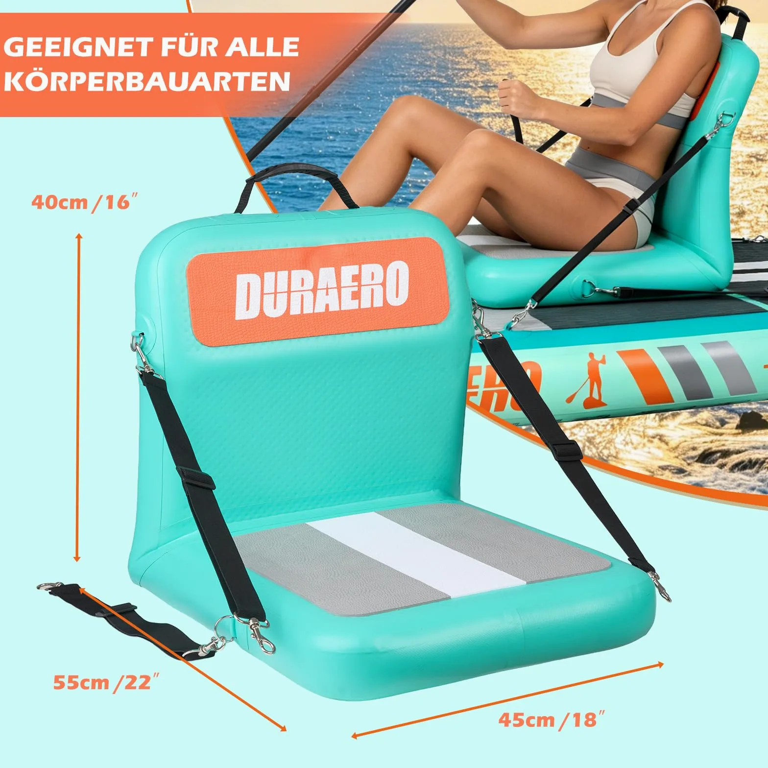 DURAERO Asiento inflable para kayak con respaldo, asiento de SUP y kayak con superficie antideslizante EVA, asiento cómodo para accesorios de tabla de paddle up