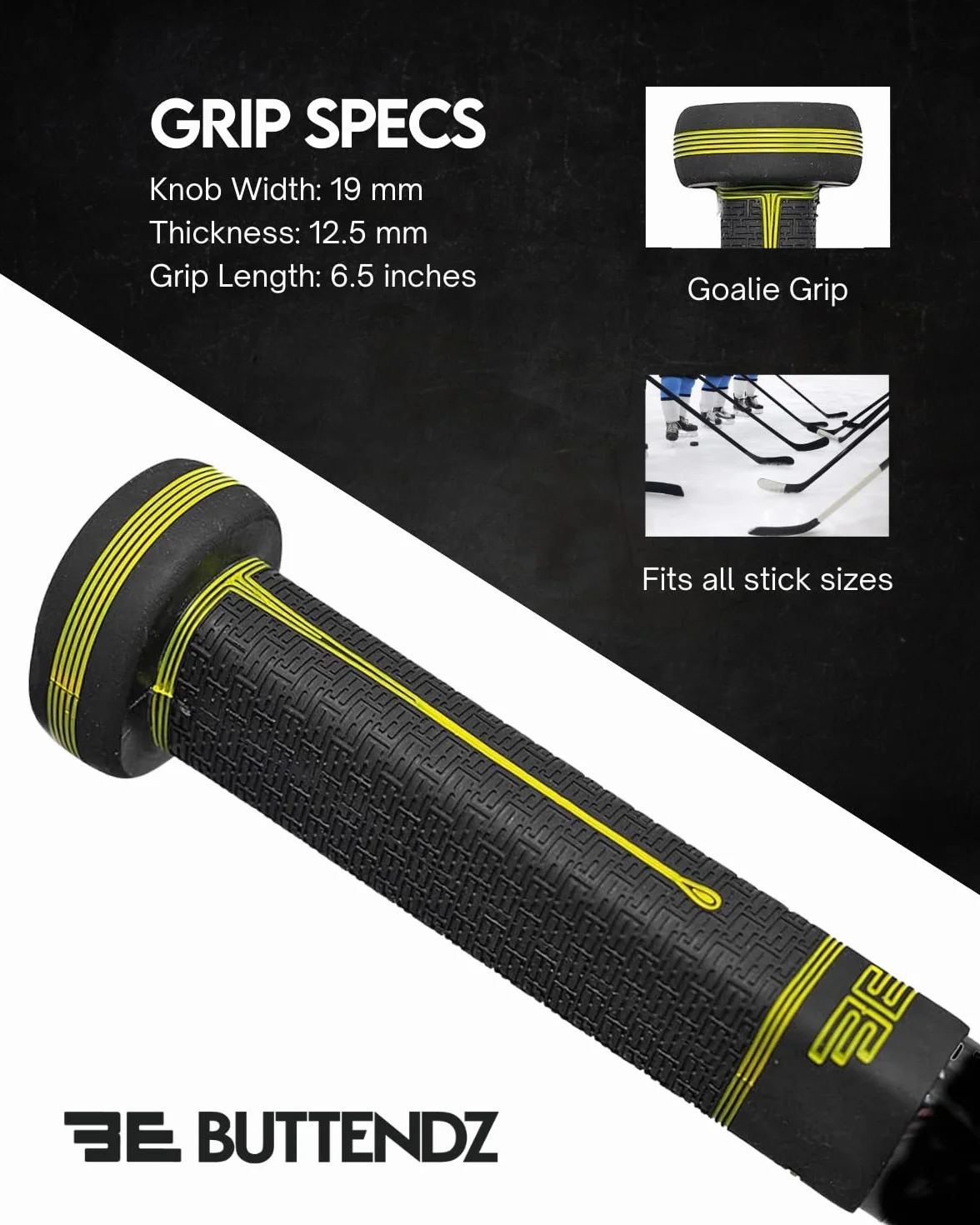Buttendz Sentry Empuñadura de Repuesto Palo Hockey Portero Control Precisión Perilla Sobredimensionada Textura Mejorada Negra Amarilla