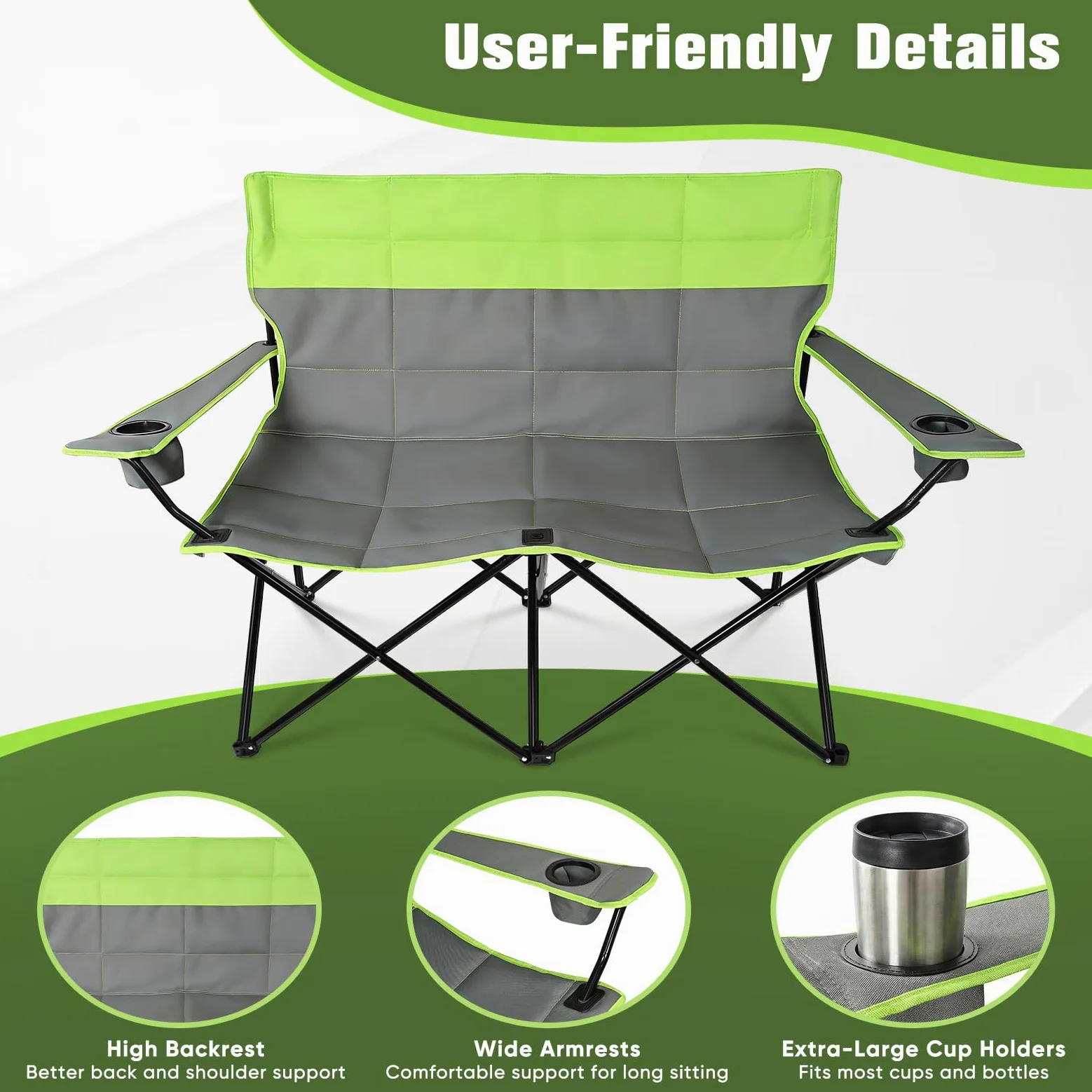 Silla de camping doble Rhyvorax para 2 adultos, sillas de camping plegables de alta resistencia con portavasos, silla de playa portátil para exteriores, jardín, picnic, pesca – Soporta 300kg (Verde +