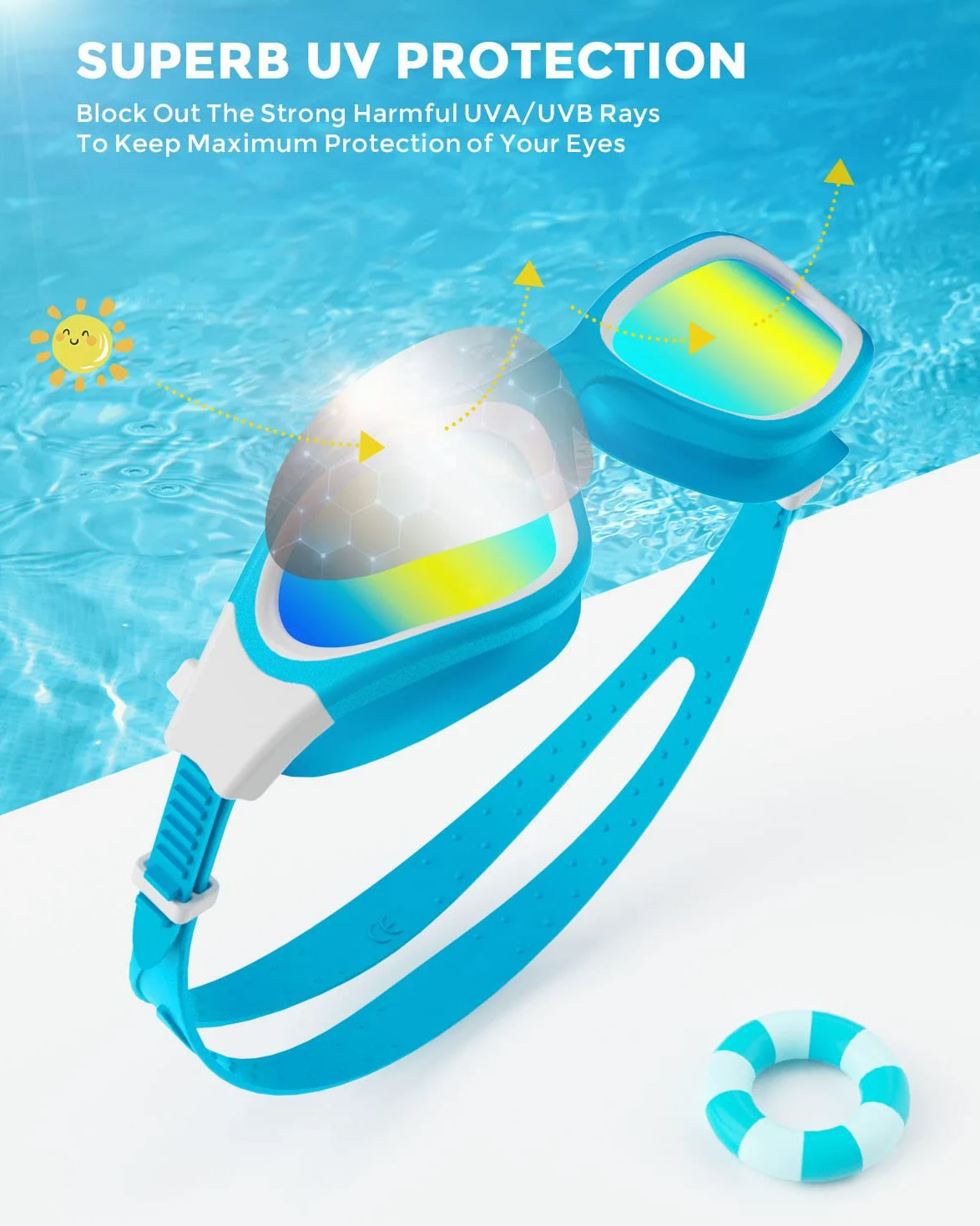 OMID - Gafas de natación para niños, 2 paquetes P2, cómodas polarizadas, unisex, antiempañamiento, sin fugas, para niños con protección UV de 6 a 14 años (azul dorado y negroazul)