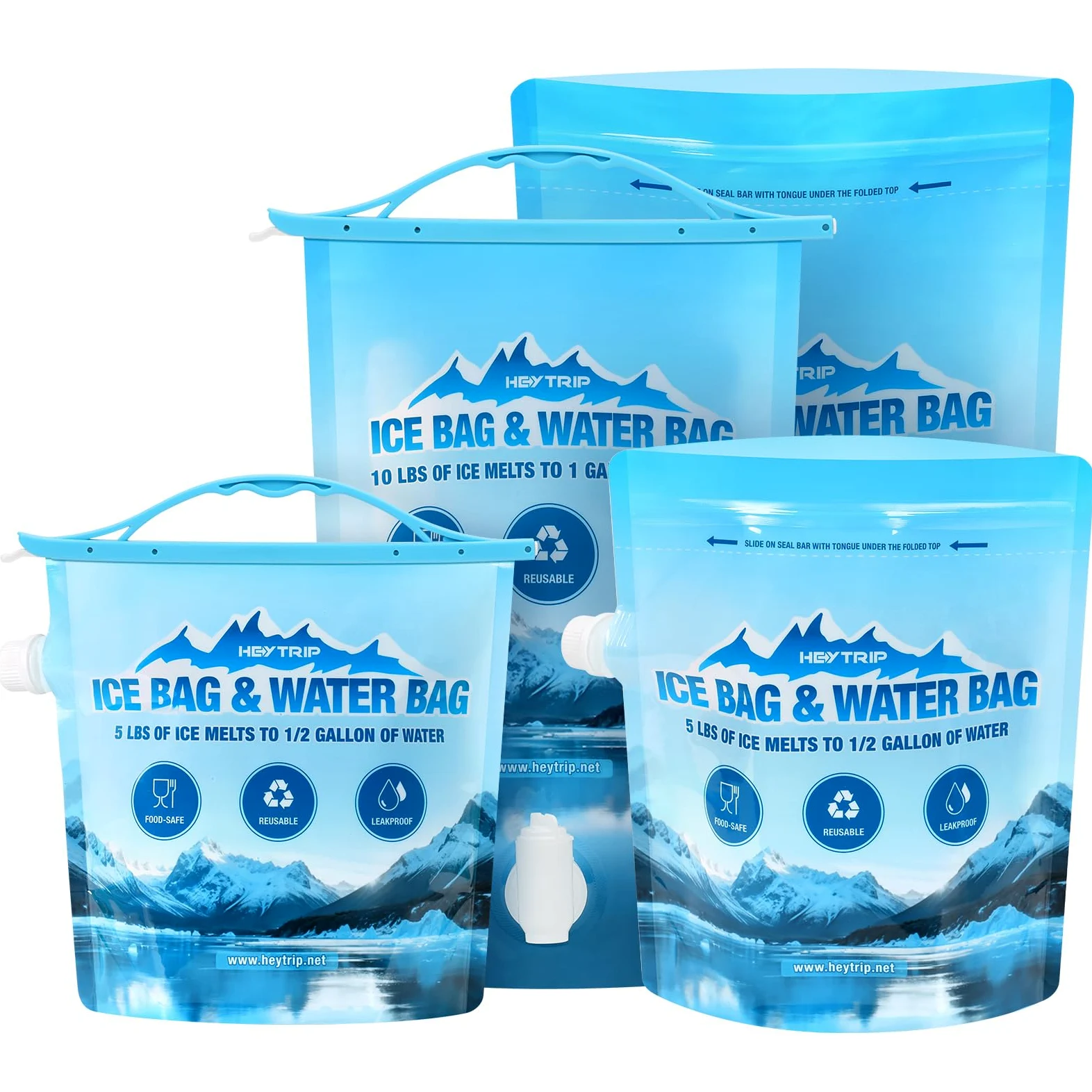 HEYTRIP Paquete de 4 bolsas de hielo reutilizables para enfriador, bolsas de cubitos de hielo de 2.5 libras y 5 libras, paquetes de congelador de larga duración, contenedor de agua a prueba de fugas,