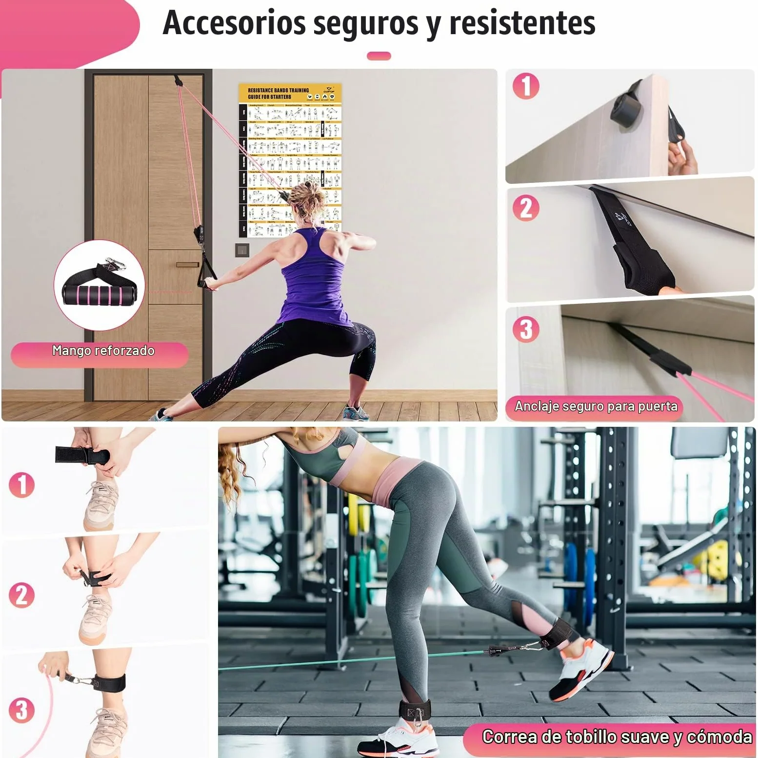 Cintas Elasticas Musculacion, 5 Resistance Bands, Gomas Elasticas Musculacion con Manijas Grandea, Tobillo, Póster de Entrenamiento, Bands