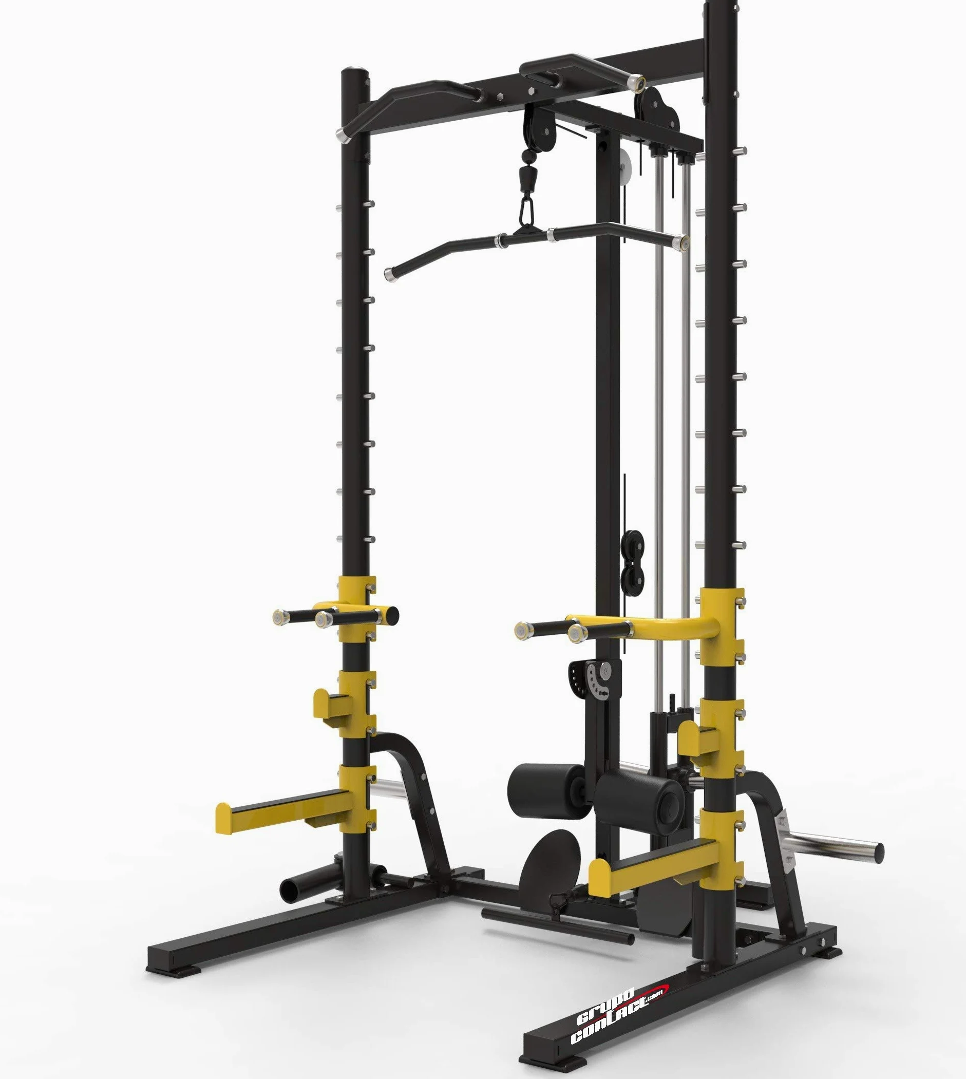 Grupo Contact - Jaula Sentadillas Multifuncion con Poleas Alta Baja, musculación Pecho y Pierna, Uso Profesional y Particular. Color Negro y Amarillo. Mod. TS103.