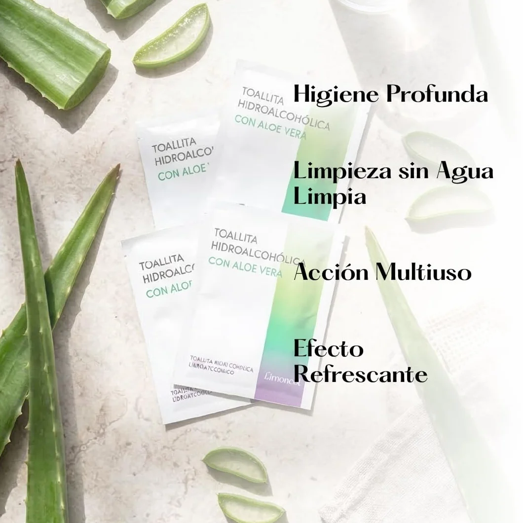 Toallitas Hidroalcohólicas con Aloe Vera, 70% Alcohol, 100 unidades