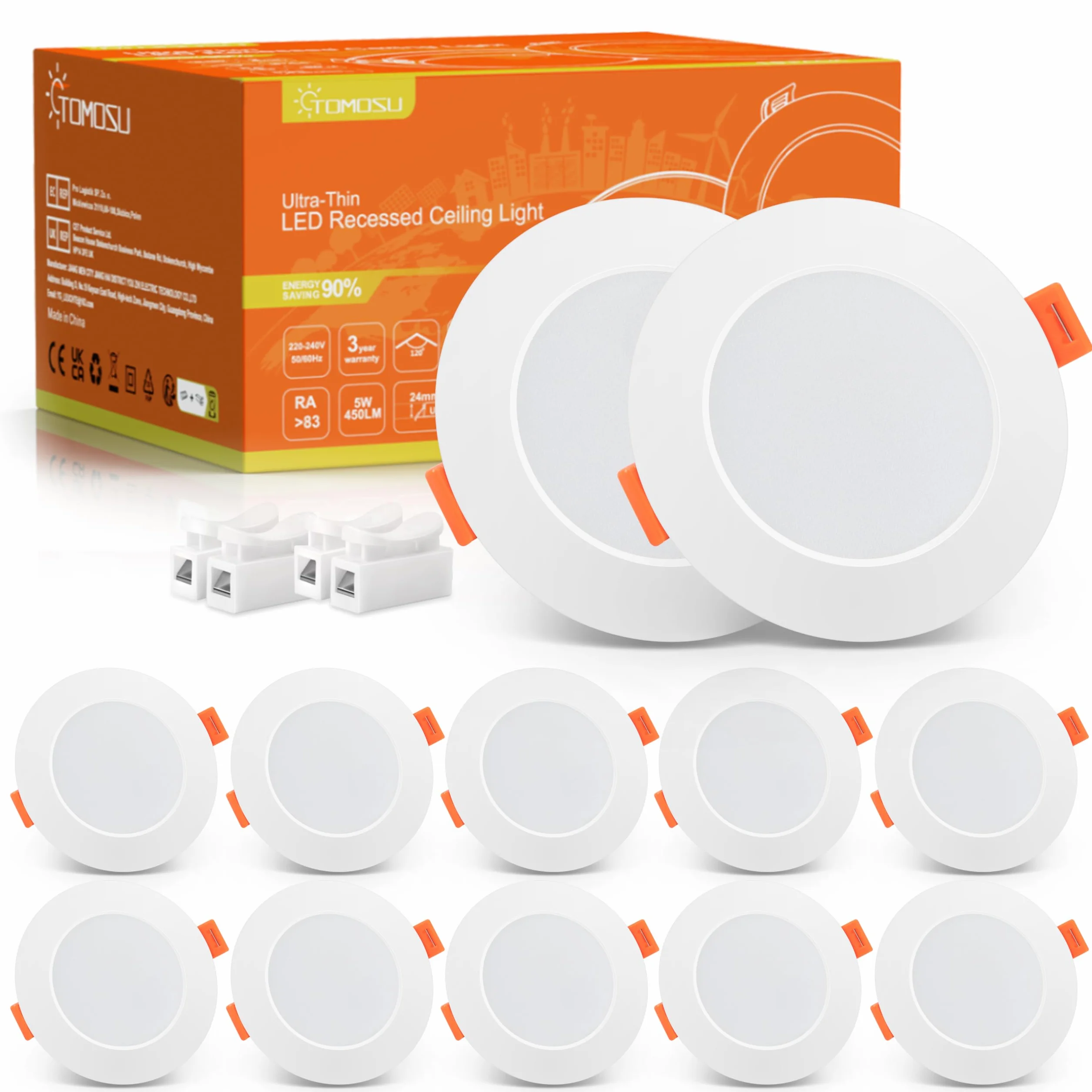 Tomosu Pack 10 Downlight LED Techo Empotrable Extraplano Redondo 5W 450LM Blanco Natural 4000K IP44 Corte 75-90mm AC 220-240V
