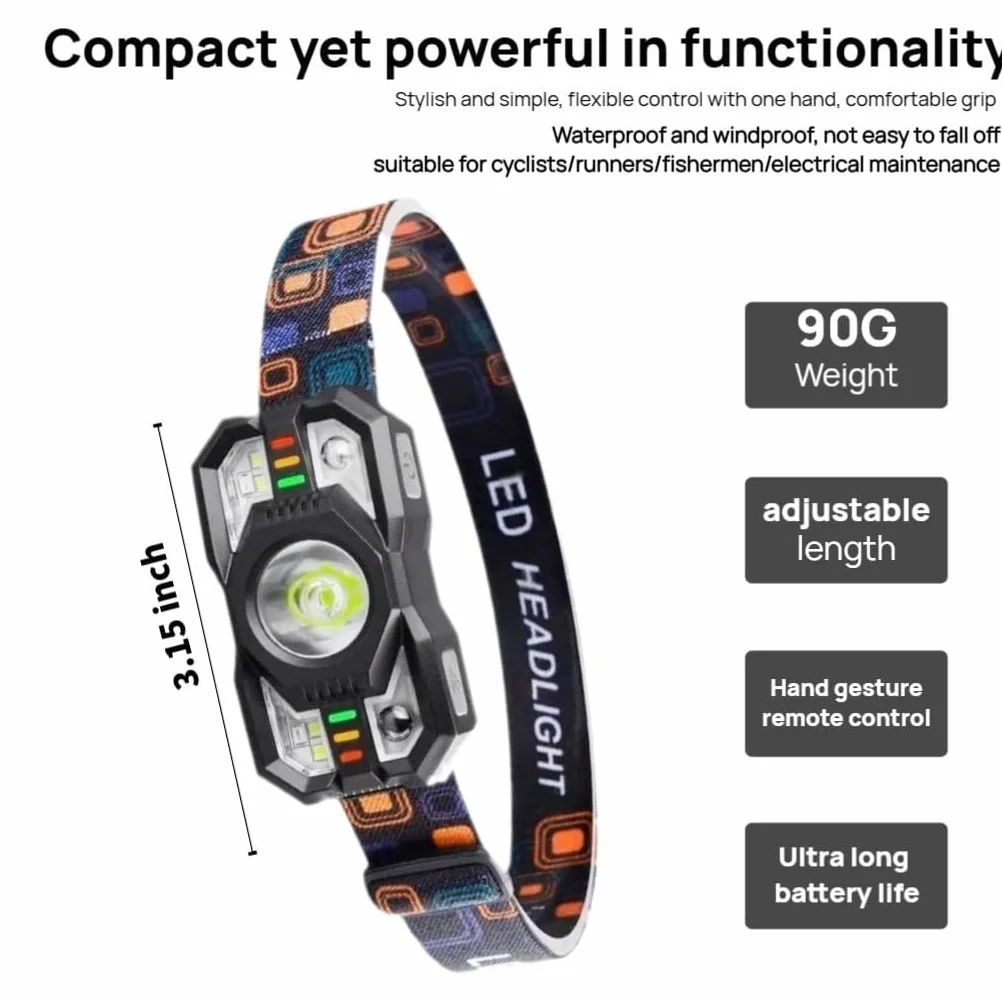 Linterna frontal recargable con sensor de movimiento, 5 modos de luz, carga rápida USB-C - Diadema ajustable para senderismo al aire libre, pesca nocturna, camping, iluminación manos libres