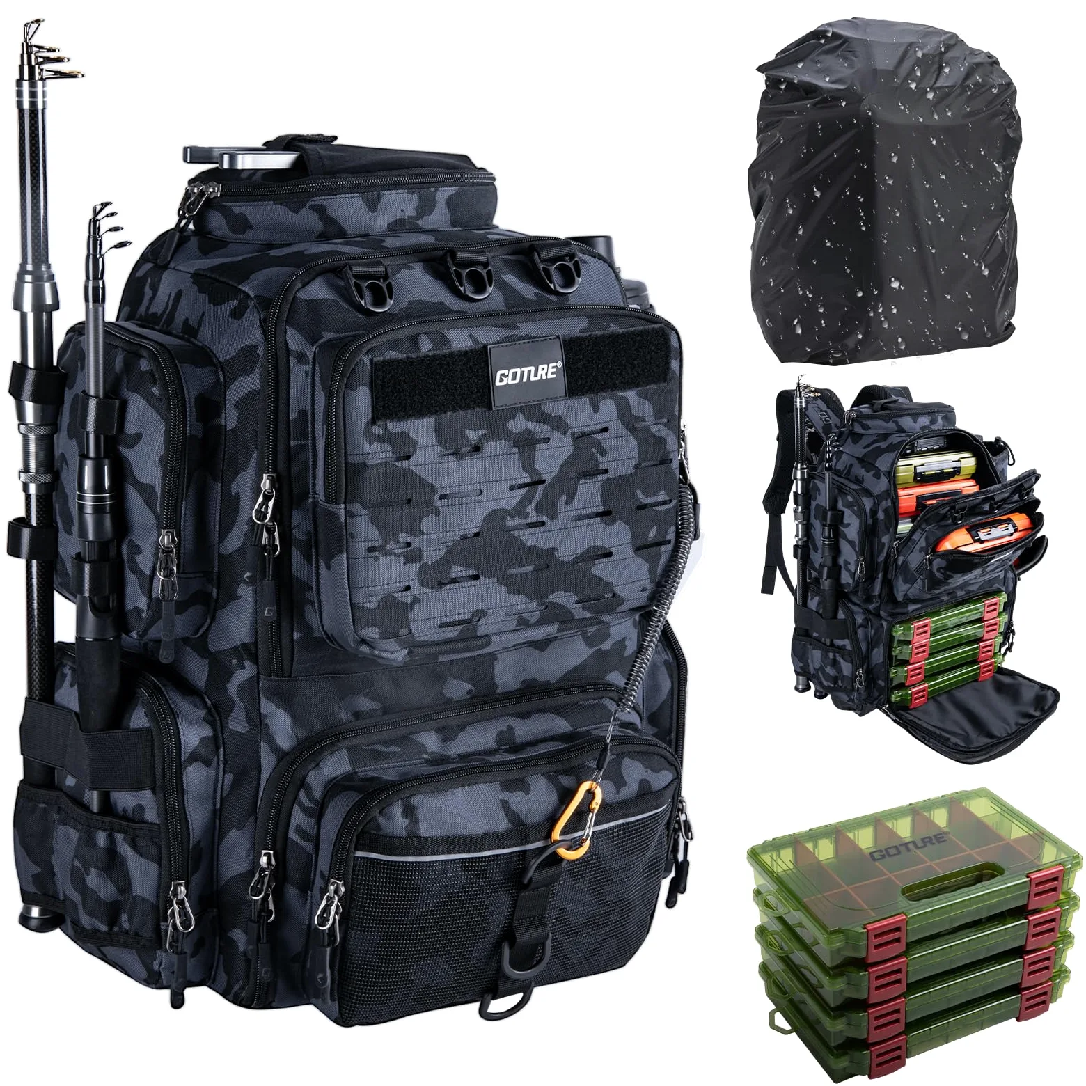Goture Mochila de pesca con 4 cajas de cebo de pesca, mochila de 45 litros con dos soportes para cañas y protector de lluvia, tela Oxford 900D, bolsa impermeable para aparejos de pesca con