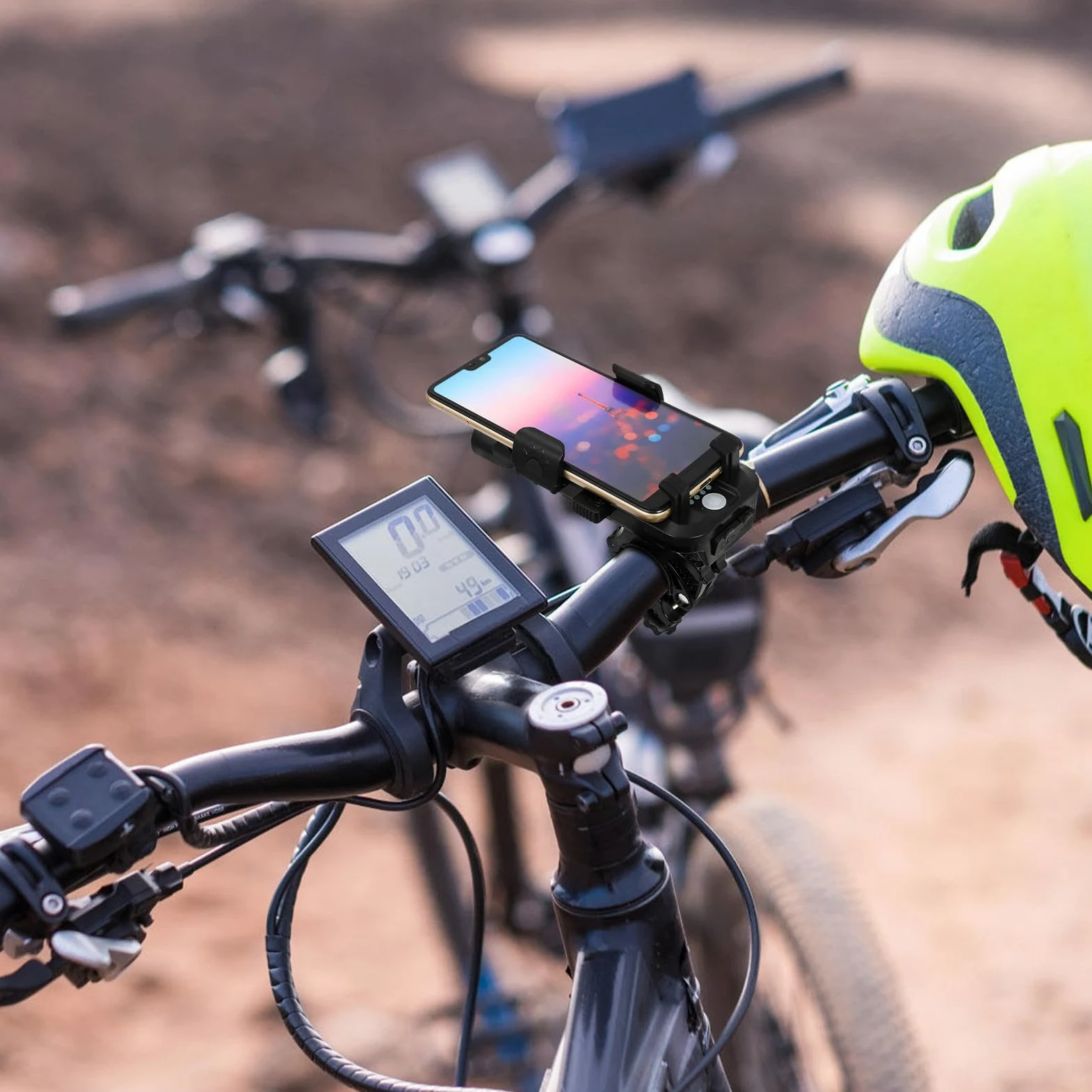 SECFOU Juego de Luces para Bicicleta de Montaña Faro Delantero Recargable USB, Luz Trasera, Soporte Ajustable para Teléfono de 4,5 a 6,5 Pulgadas y Batería Externa de 4000 Mah