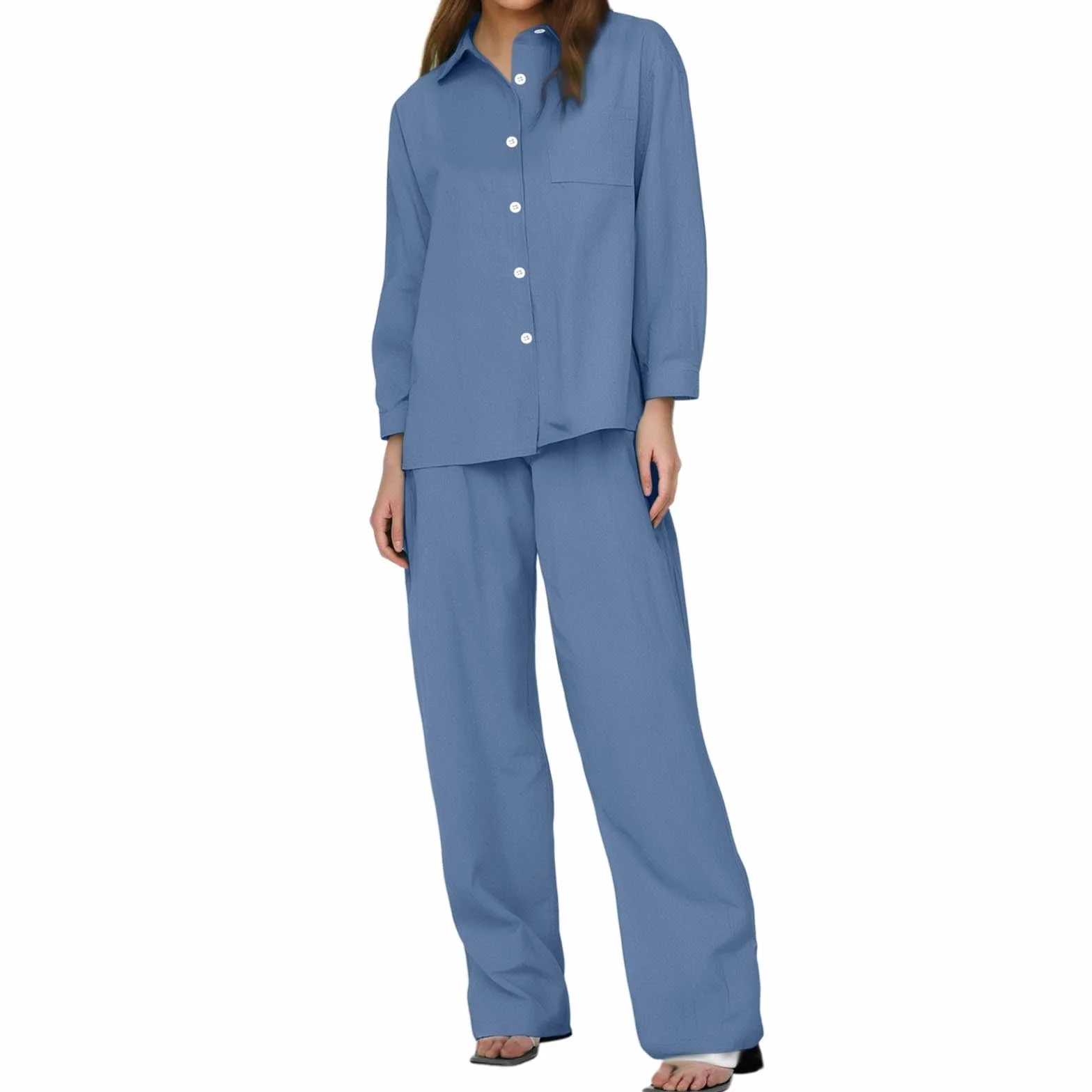 Traje de lino para mujer de dos piezas, pantalón manga larga, transpirable, elástico, pijama de casa ligero