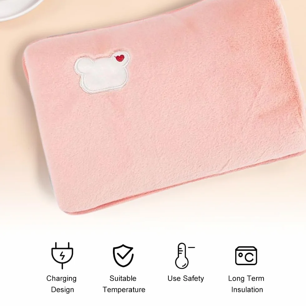 Bolsa de Agua Térmica Recargable Eléctrica, Forro de Felpa Suave, Calentador de Manos y Pies, Rosa