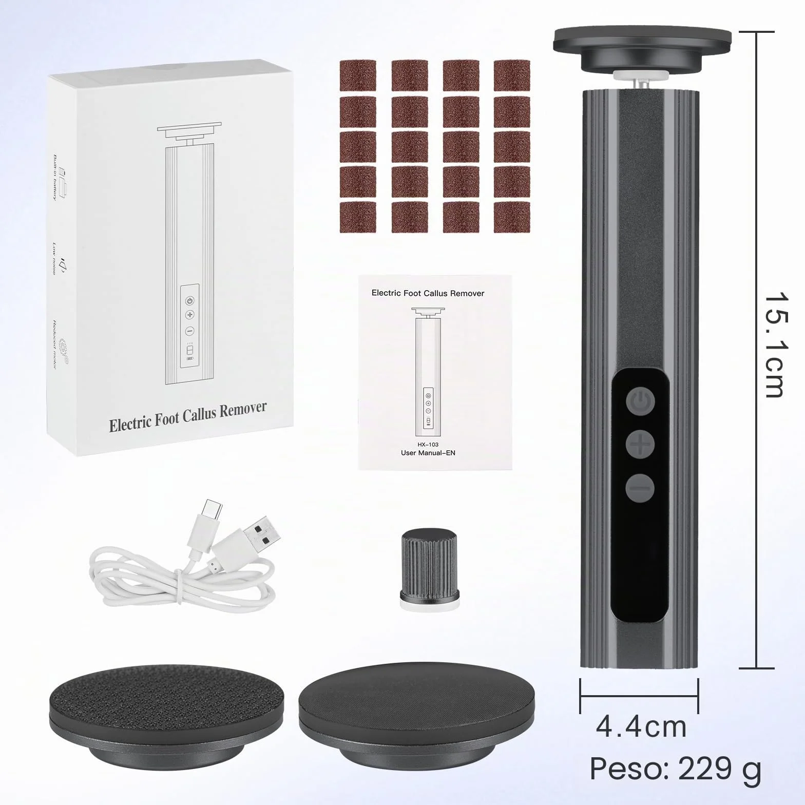 Lima Electrica Pies Durezas Inalambrica 2600mAh 9 Velocidades Ajustables Maquina Quita Callos Pies 2 Placa Pulido Vidrio Nano Gris